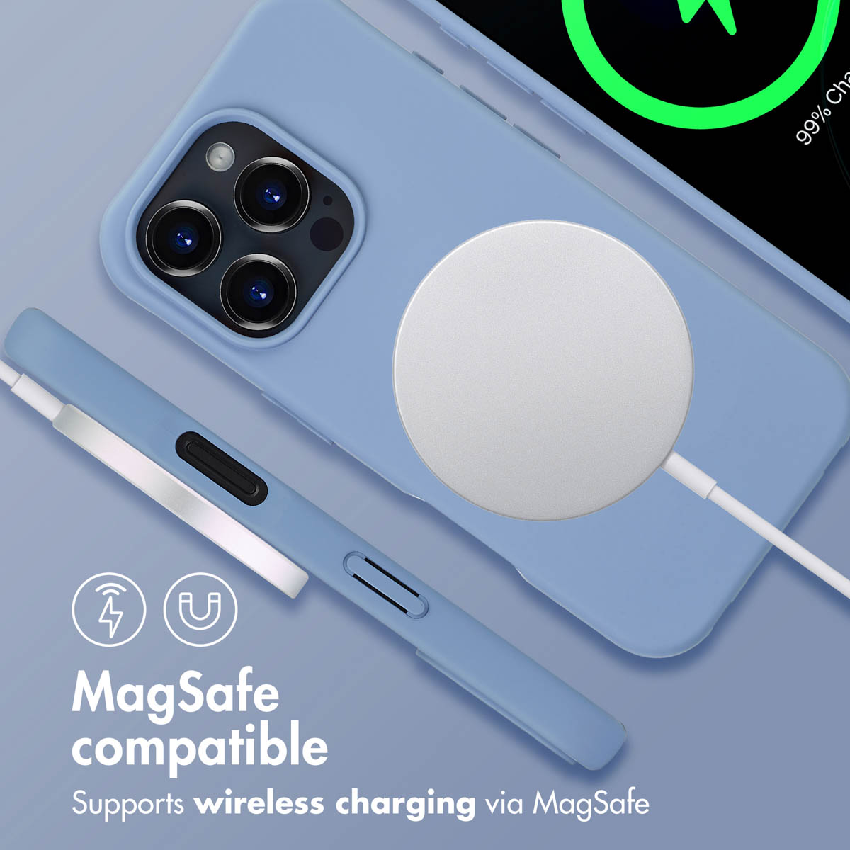 Una cover per telefono azzurro compatibile con MagSafe e caricatore wireless.