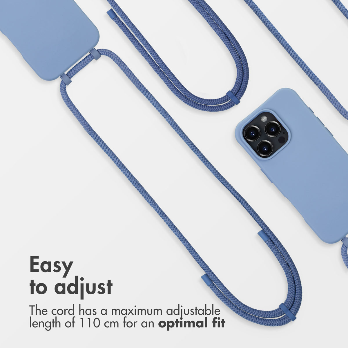 Custodia per telefono blu con cordino blu regolabile su sfondo chiaro.