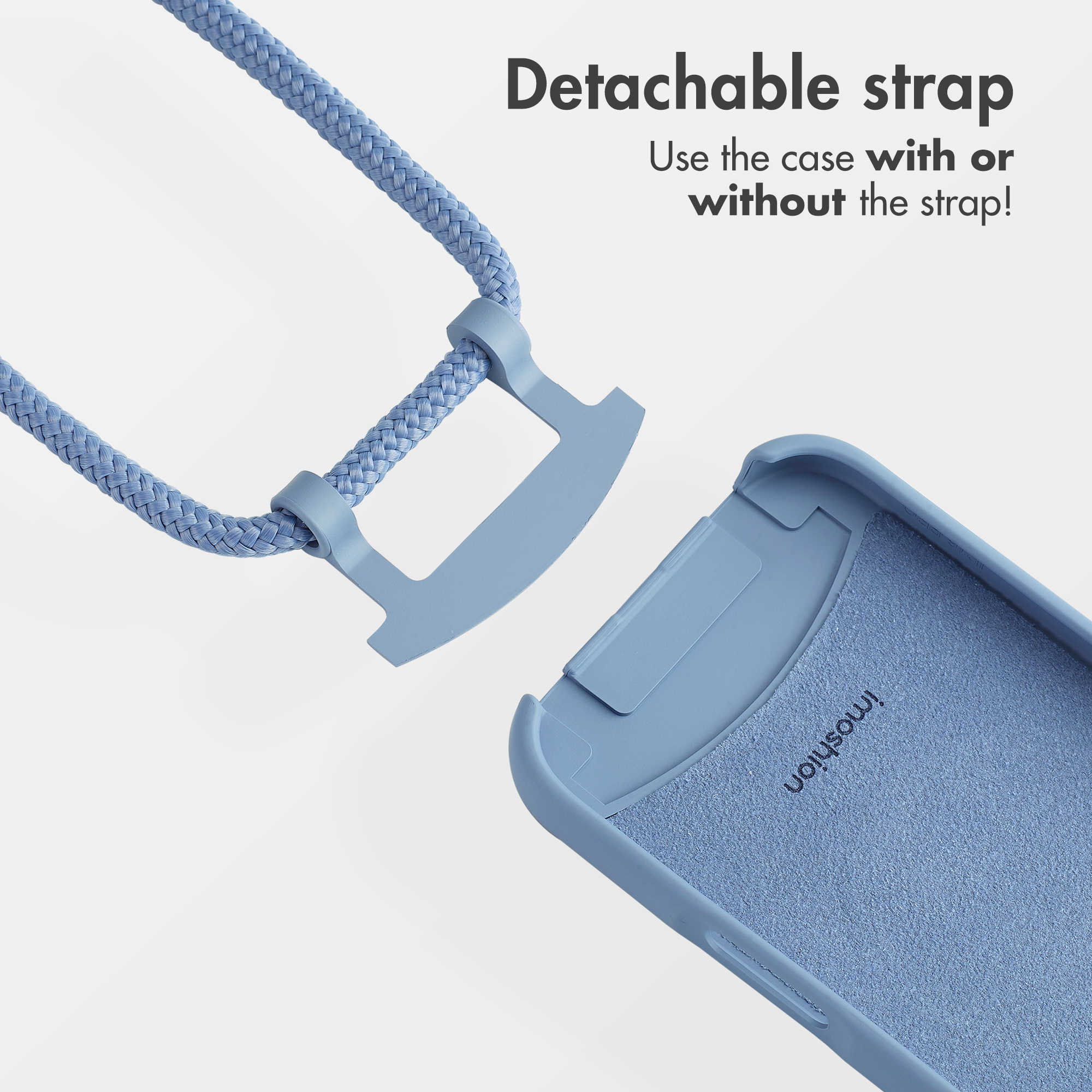 Custodia per telefono azzurro chiaro con laccio rimovibile e testo Detachable strap.