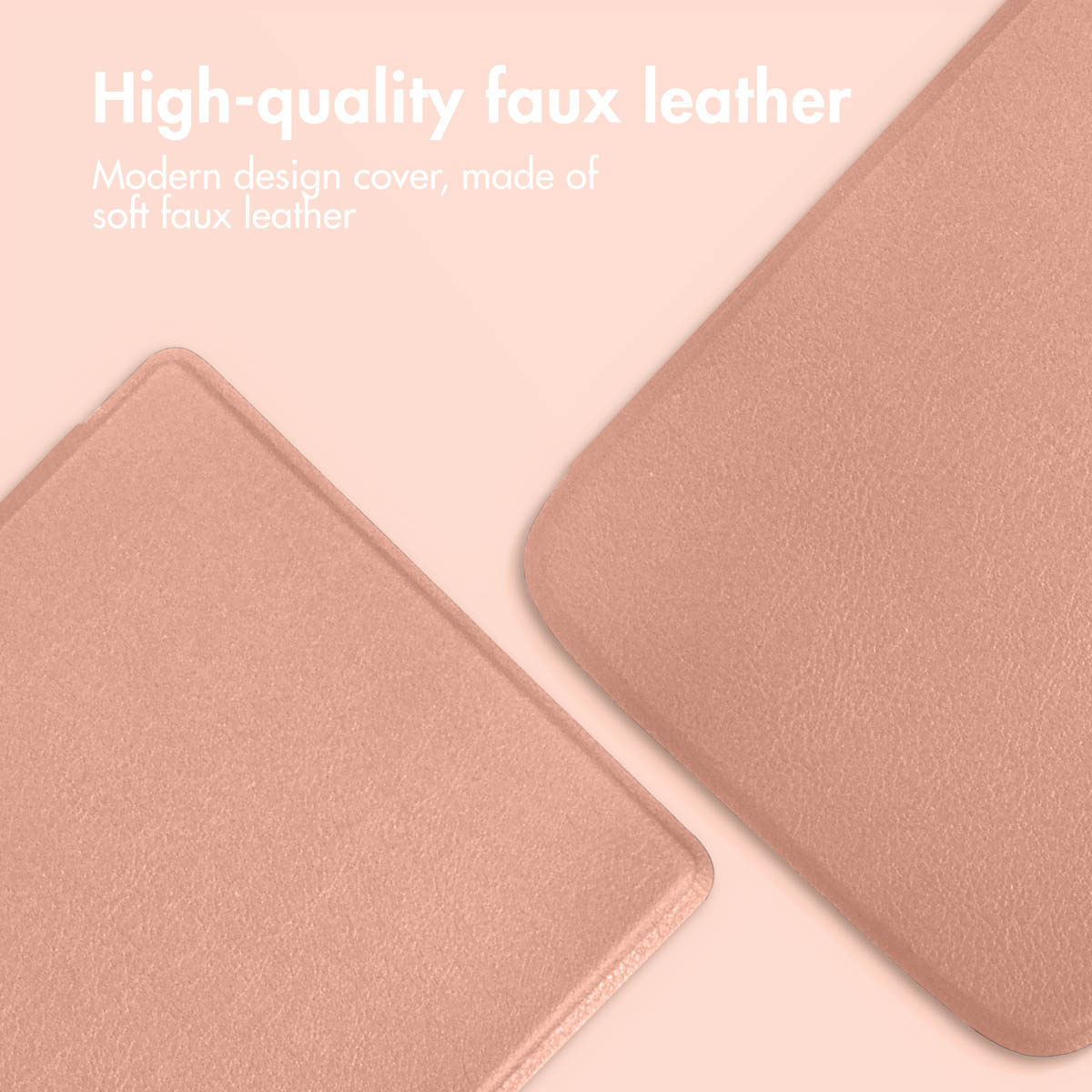 Twee roze kunstleren pads tegen een beige achtergrond met tekst over kunstleer.