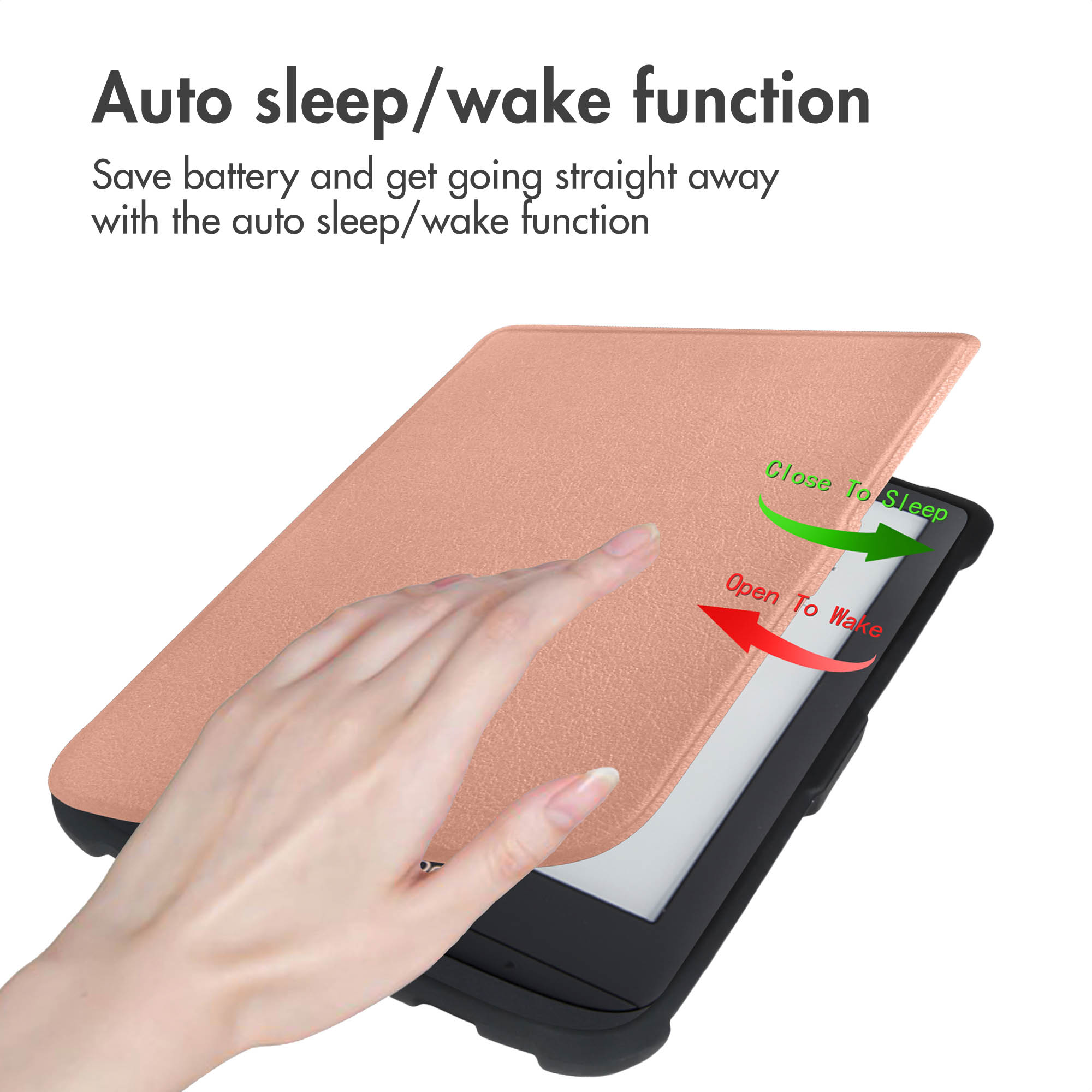 Hand opent de roségouden hoes van een eReader voor de auto sleep/wake-functie.