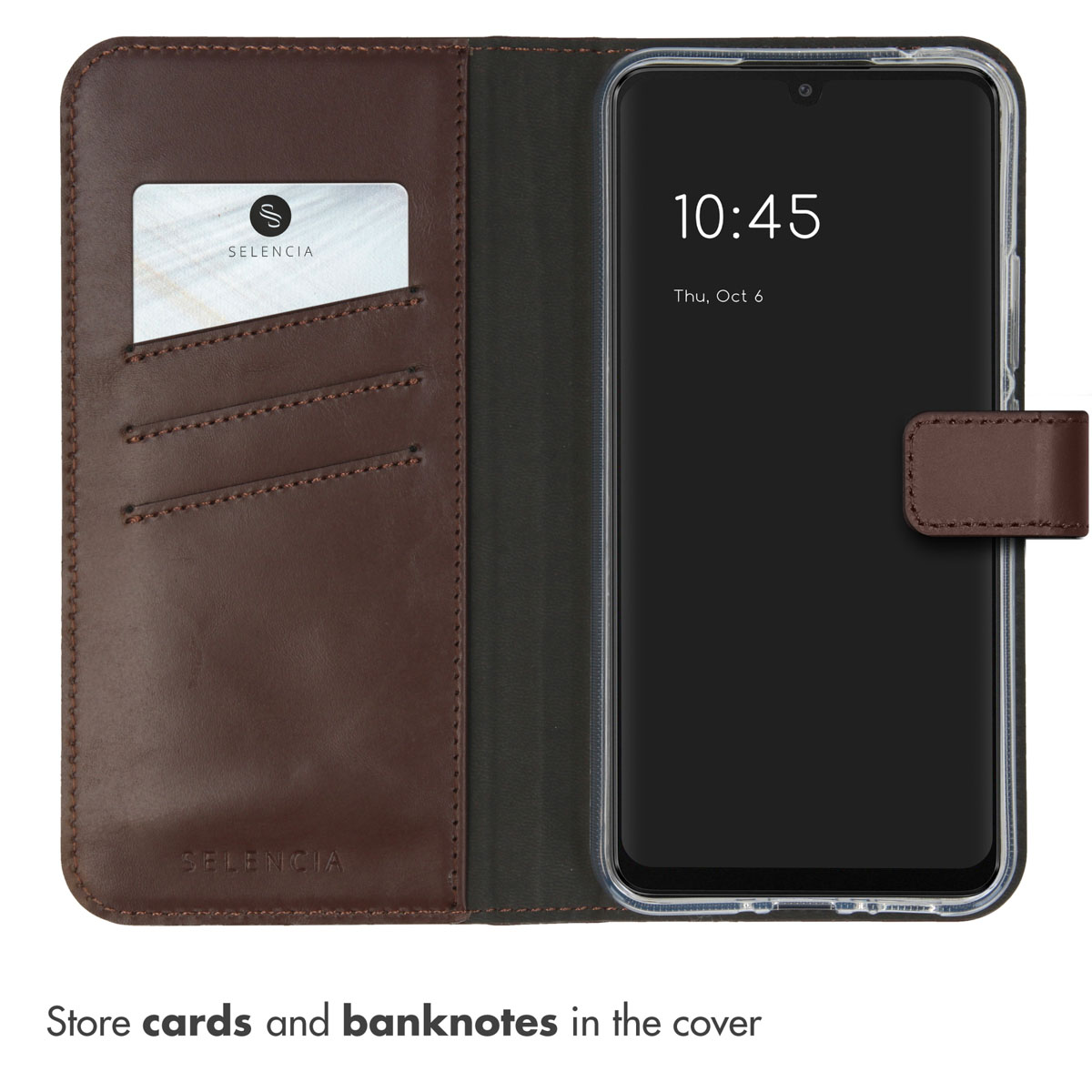 Étui portefeuille en cuir marron avec fente pour carte et smartphone à droite.