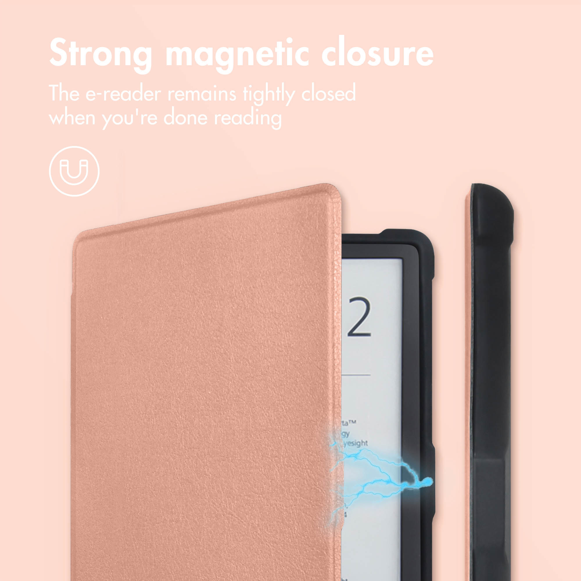 Een roze e-readerhoes met magnetische sluiting, die de cover over het apparaat toont.