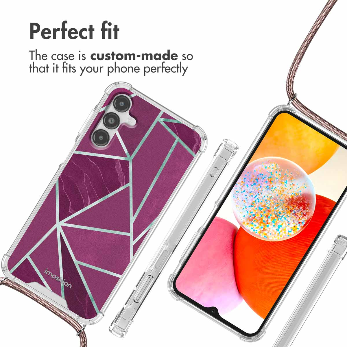 Coque de téléphone en marbre violet avec lanière, vue avant et arrière avec texte.