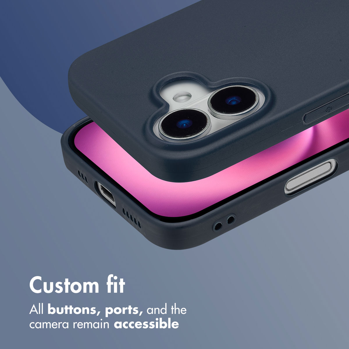 Custodia protettiva blu per smartphone con schermo rosa e doppia fotocamera.
