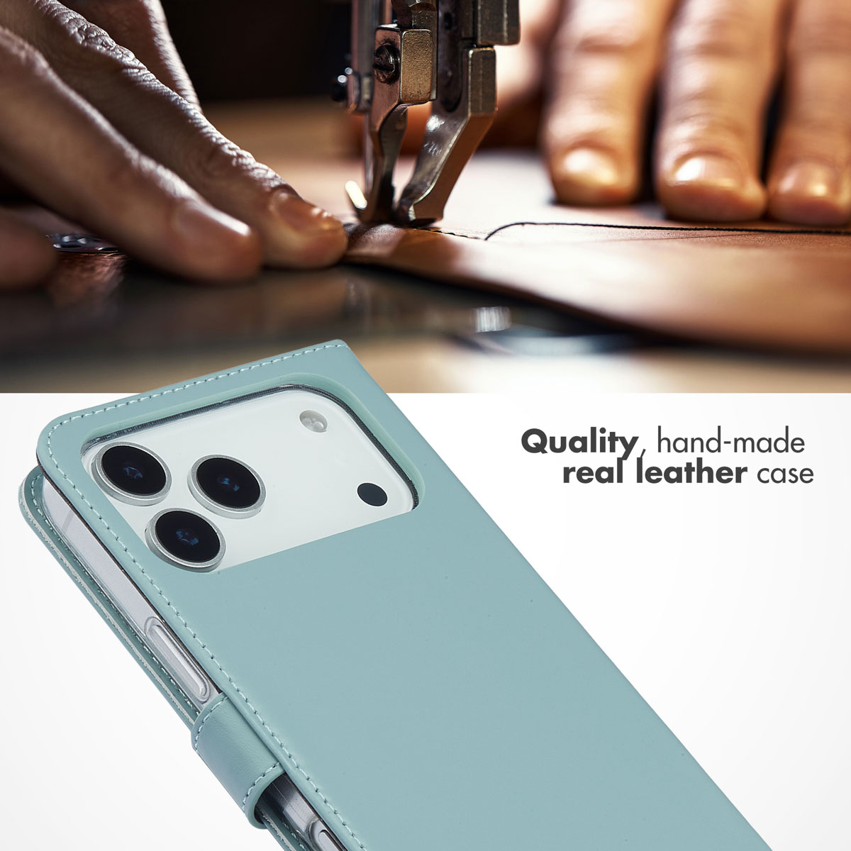 Coque de téléphone en cuir véritable bleu clair cousue main.