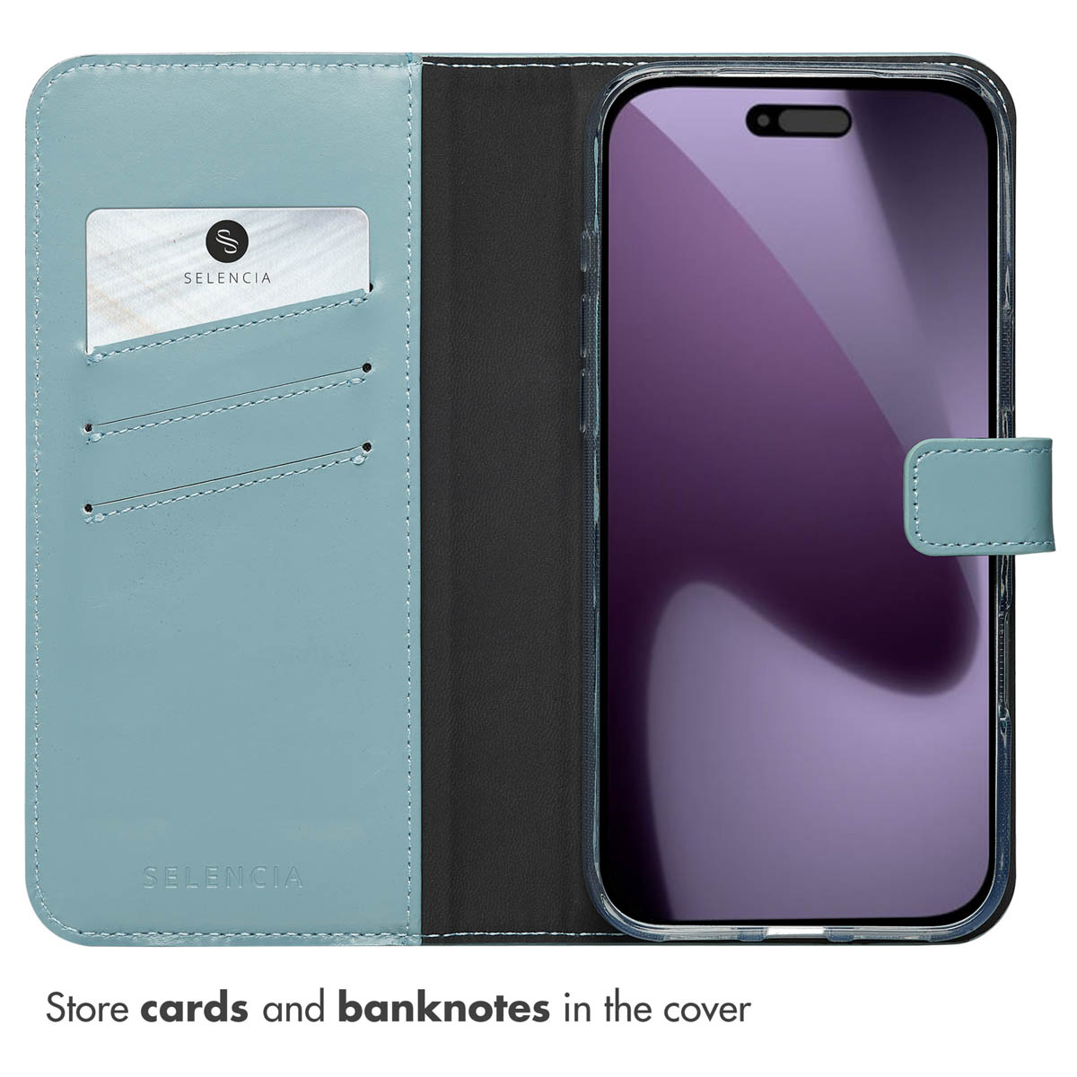 Un étui portefeuille de téléphone bleu clair avec des fentes pour cartes à gauche et un smartphone à droite.