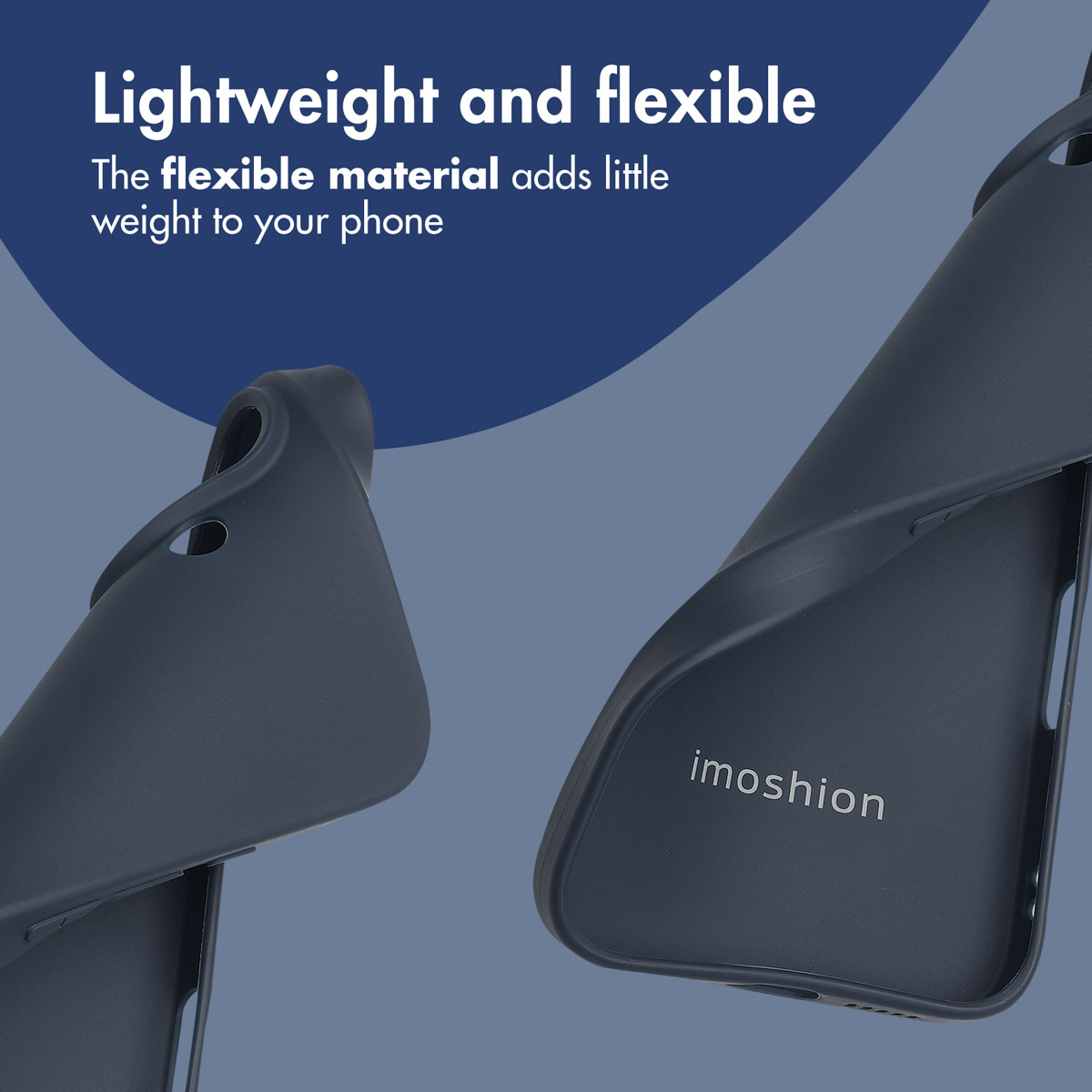 Una custodia per telefono imoshion blu e flessibile si piega su uno sfondo blu con testo promozionale.