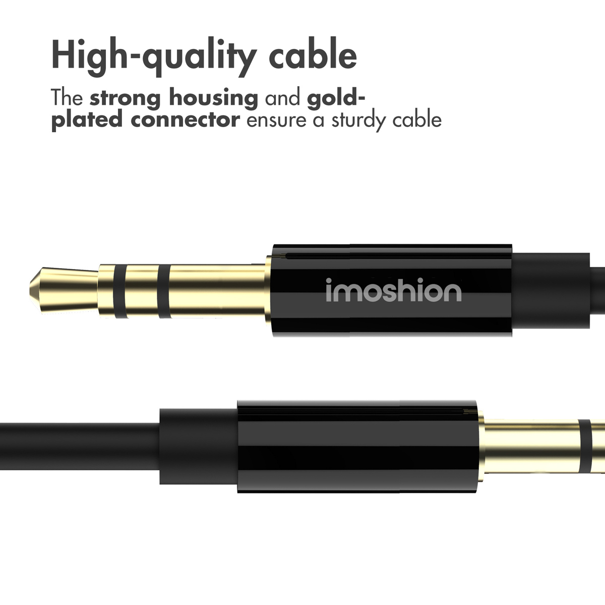 Close-up van een imoshion 3,5 mm audio-jack met een vergulde connector en zwarte behuizing tegen een witte achtergrond.