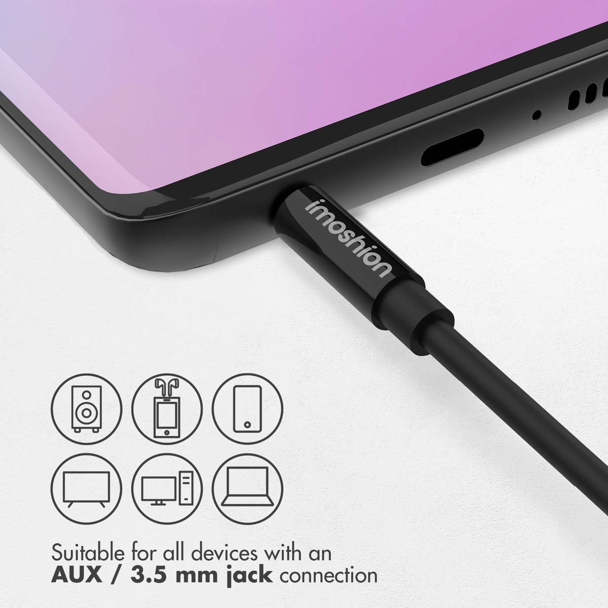 Een zwarte imoshion audiokabel is aangesloten op een telefoonaansluiting, met iconen.