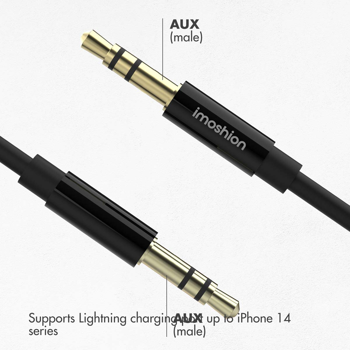 Gouden 3,5 mm AUX male audiojack met zwarte behuizing en witte merktekst.