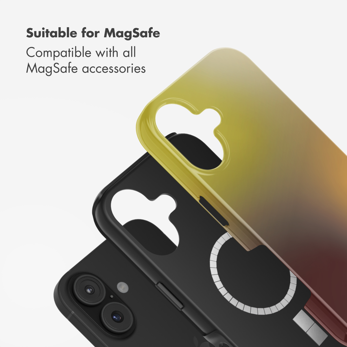 Custodie per telefoni compatibili MagSafe dorate e nere su sfondo chiaro con testo.