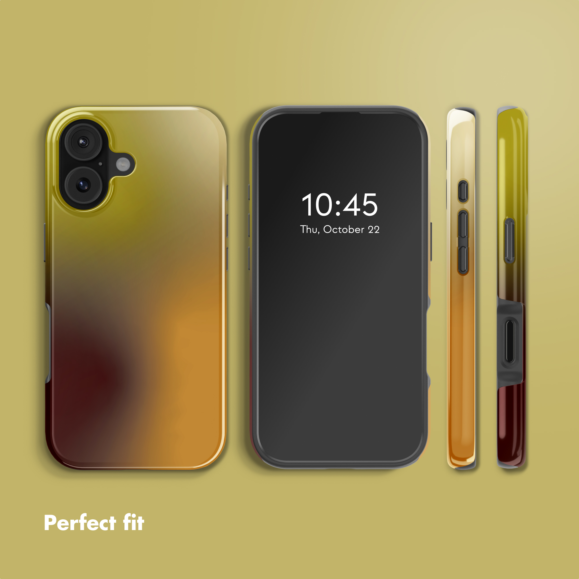 Viste di una custodia per smartphone sfumata oro-marrone con telefono.