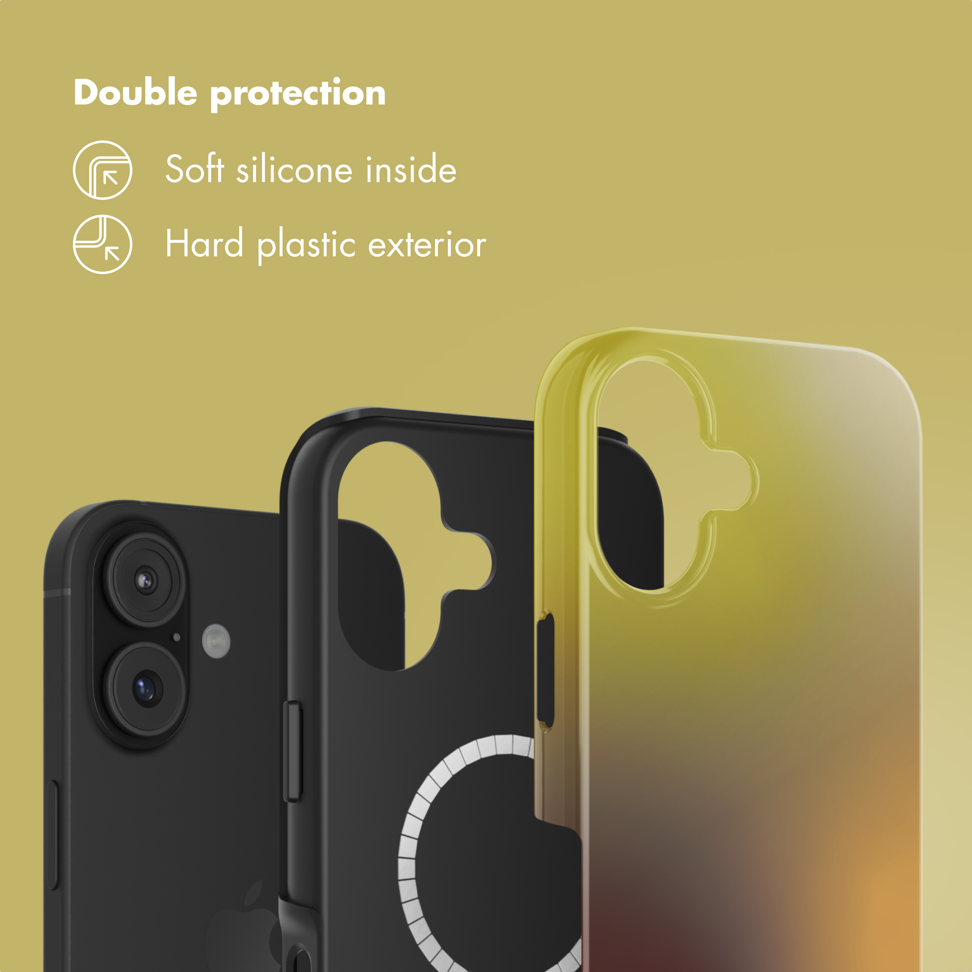 Una cover per smartphone con doppia protezione, interno in morbido silicone ed esterno in plastica rigida su sfondo oro.