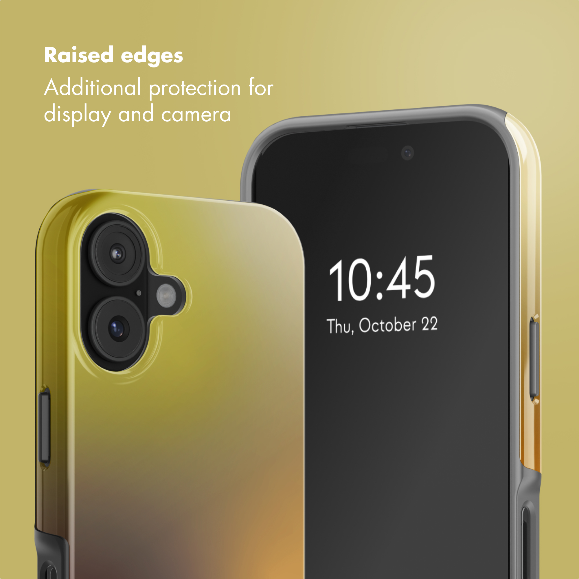 Primo piano di uno smartphone con bordi rialzati per proteggere display e fotocamera su sfondo dorato.