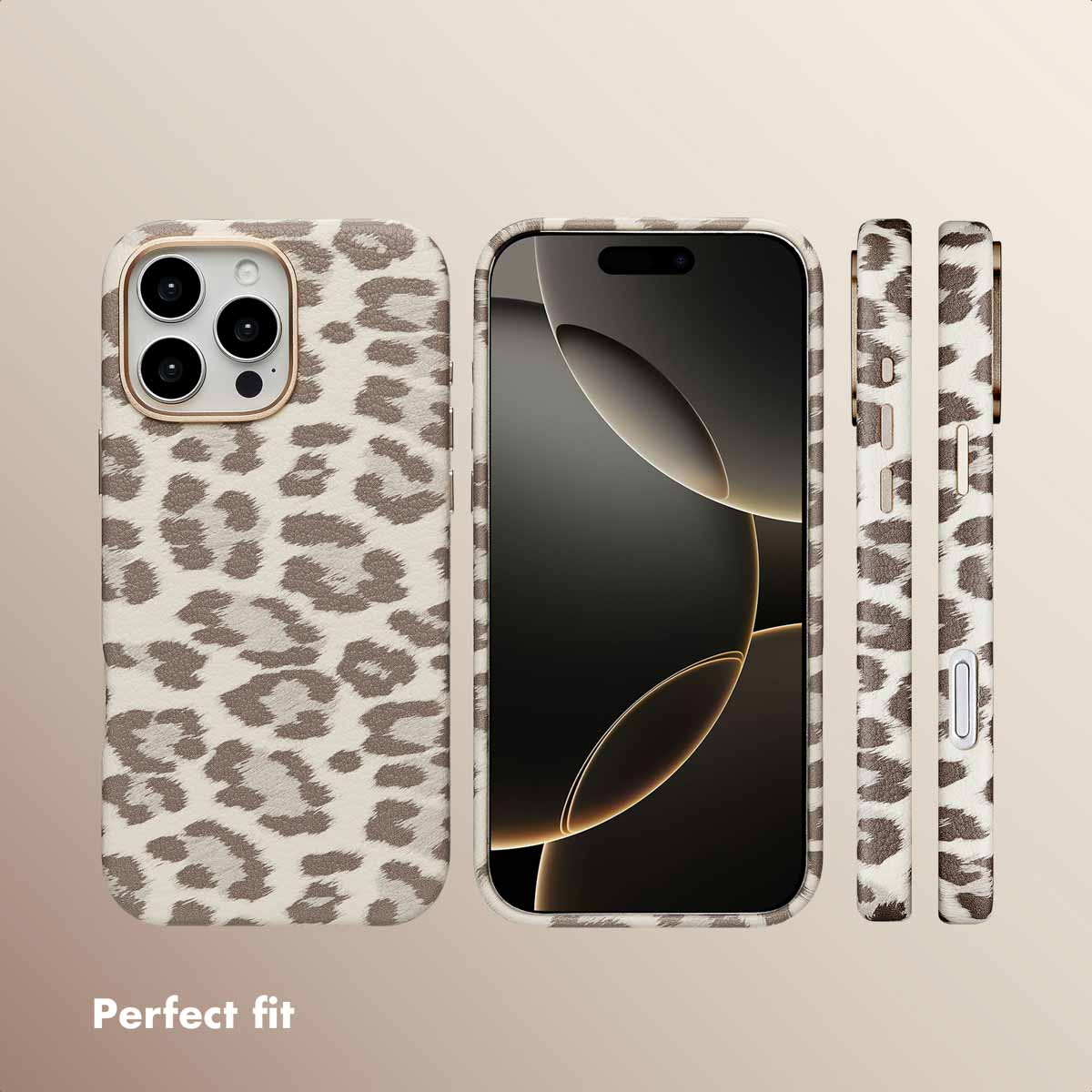 Quattro viste di uno smartphone in cover leopardata beige e marrone su sfondo sfumato.