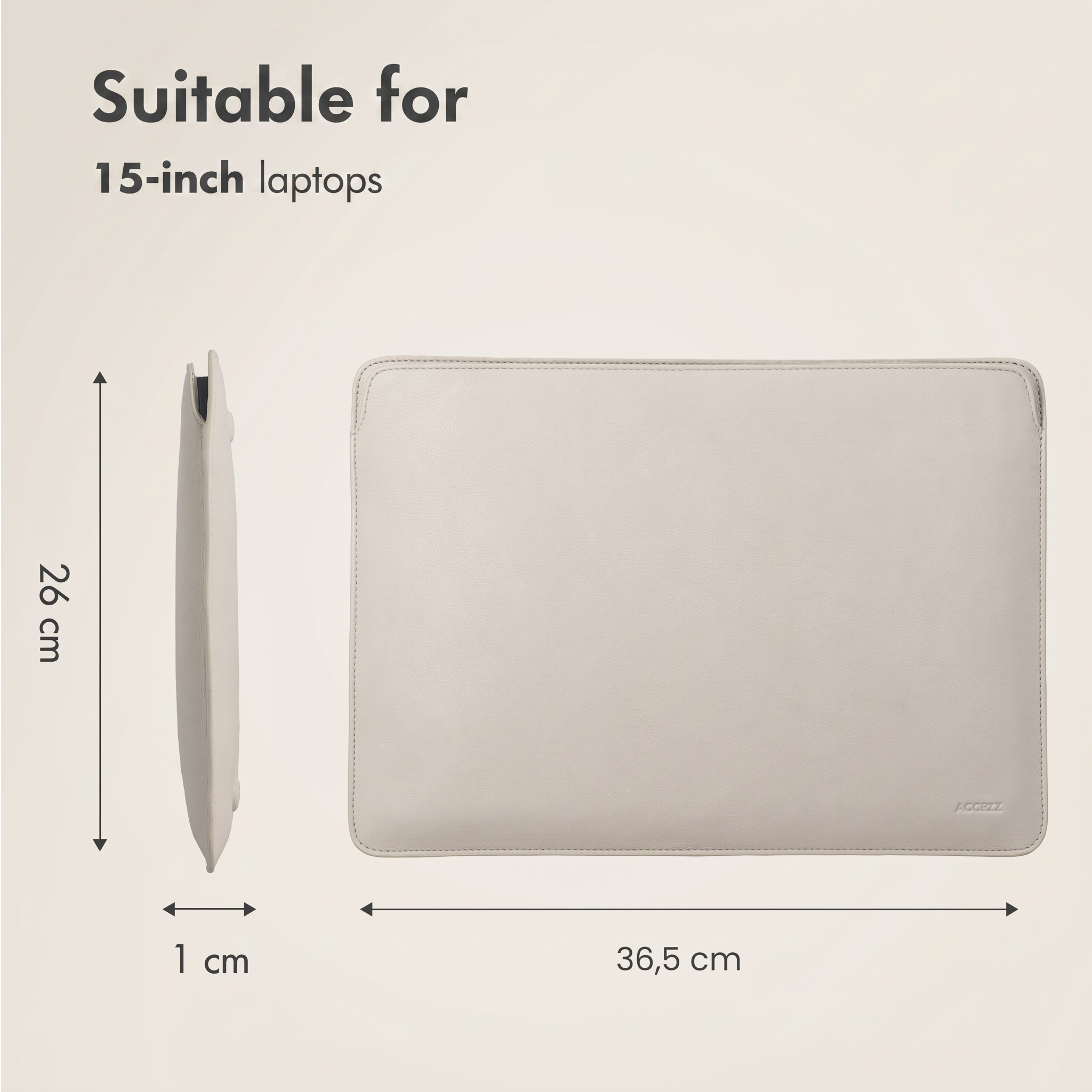 Eine beigefarbene 15-Zoll-Laptoptasche mit Abmessungen von 36,5 cm mal 26 cm und 1 cm Dicke.