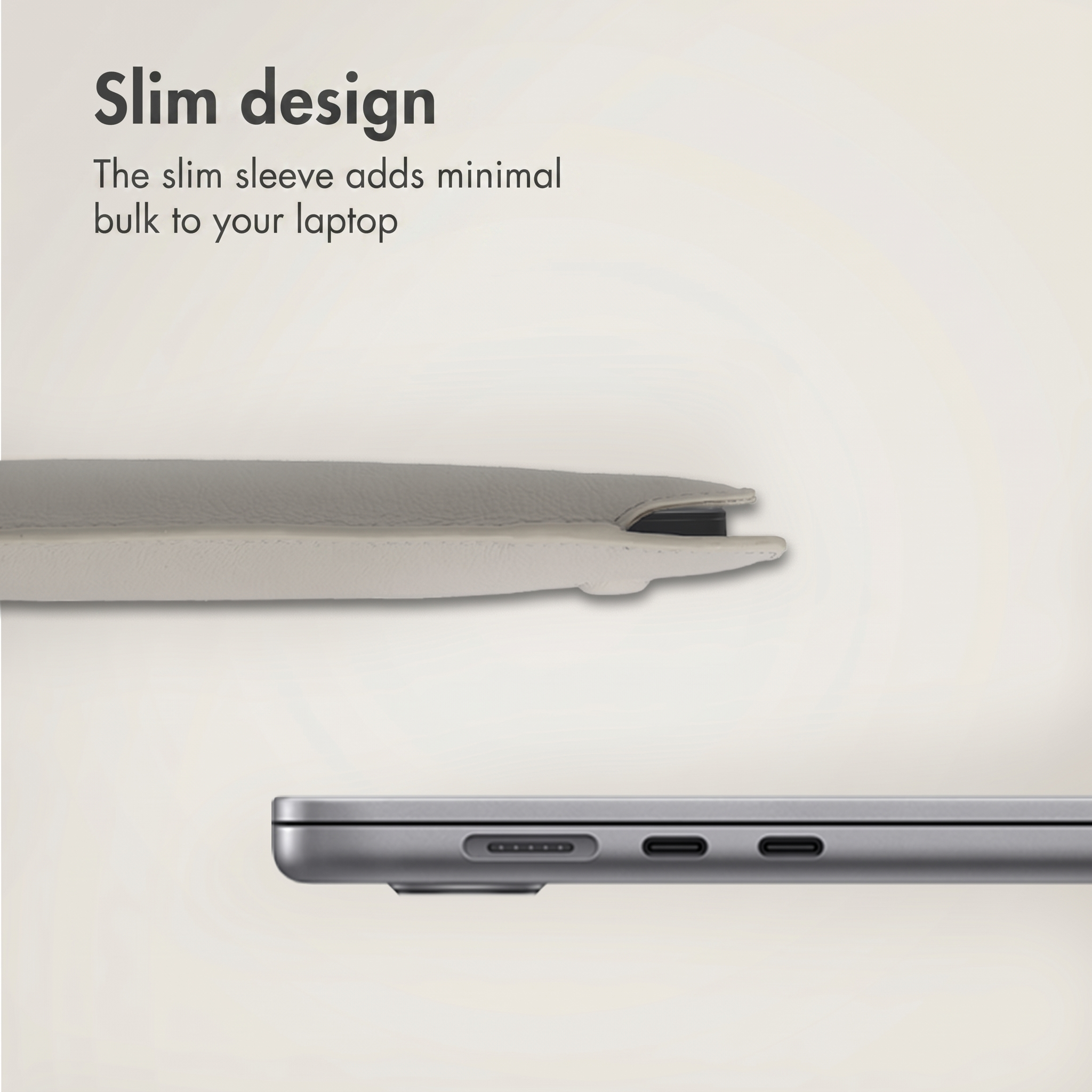 Eine schmale graue Laptoptasche und ein Laptop-Seitenprofil mit Anschlüssen, dazu Text über schlankes Design.