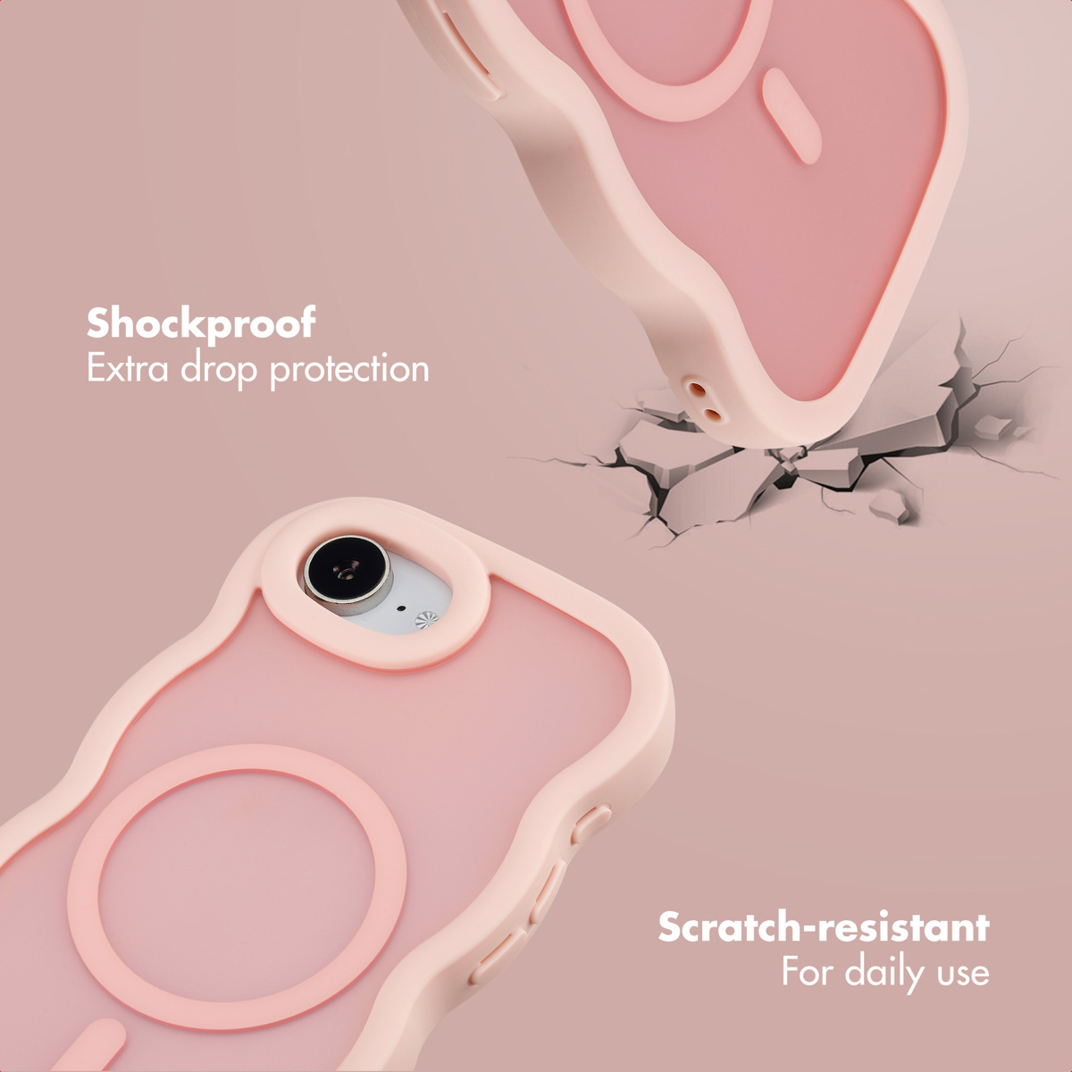 Coque de téléphone rose avec protection antichoc et surface résistante aux rayures.