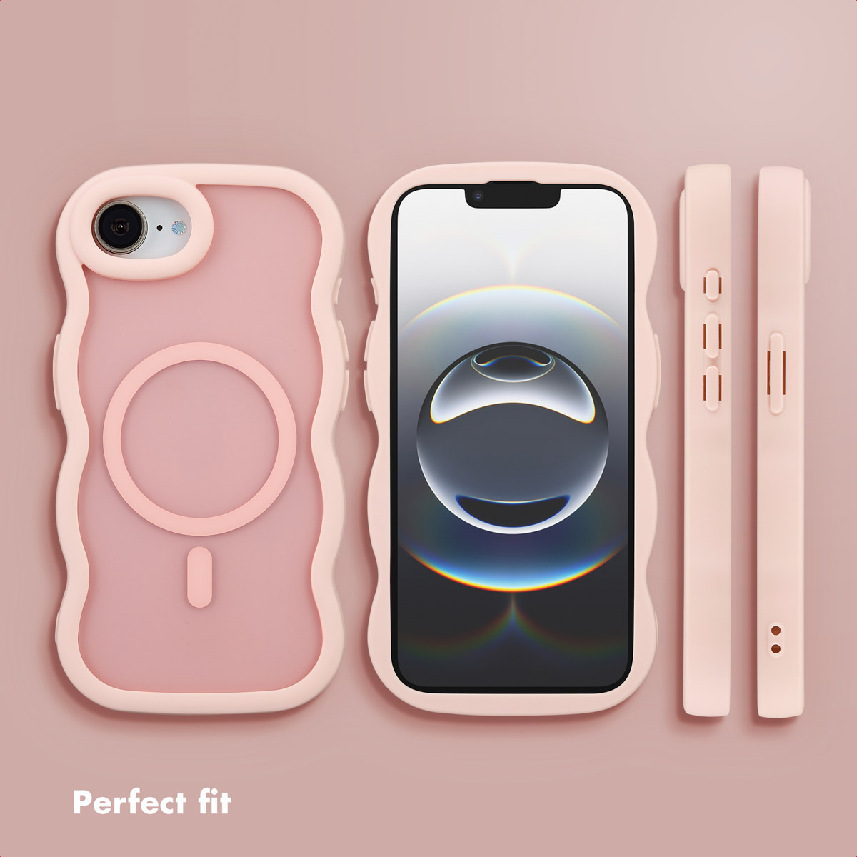 Coques de smartphone roses sous différents angles sur fond rose, avec le texte 'Perfect fit'.
