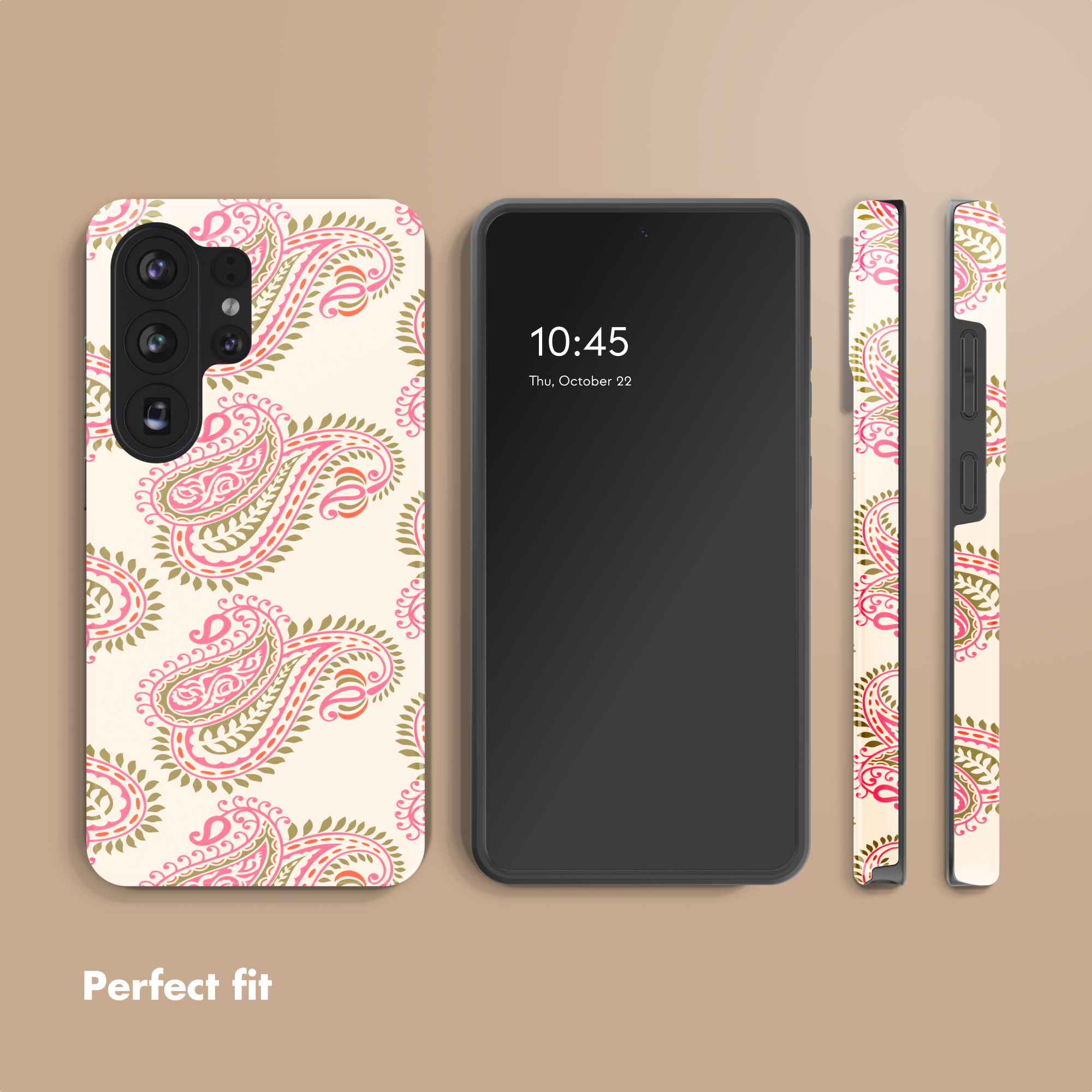 Un smartphone con una funda crema con patrón paisley rosa y verde oliva. Texto: Perfect fit.