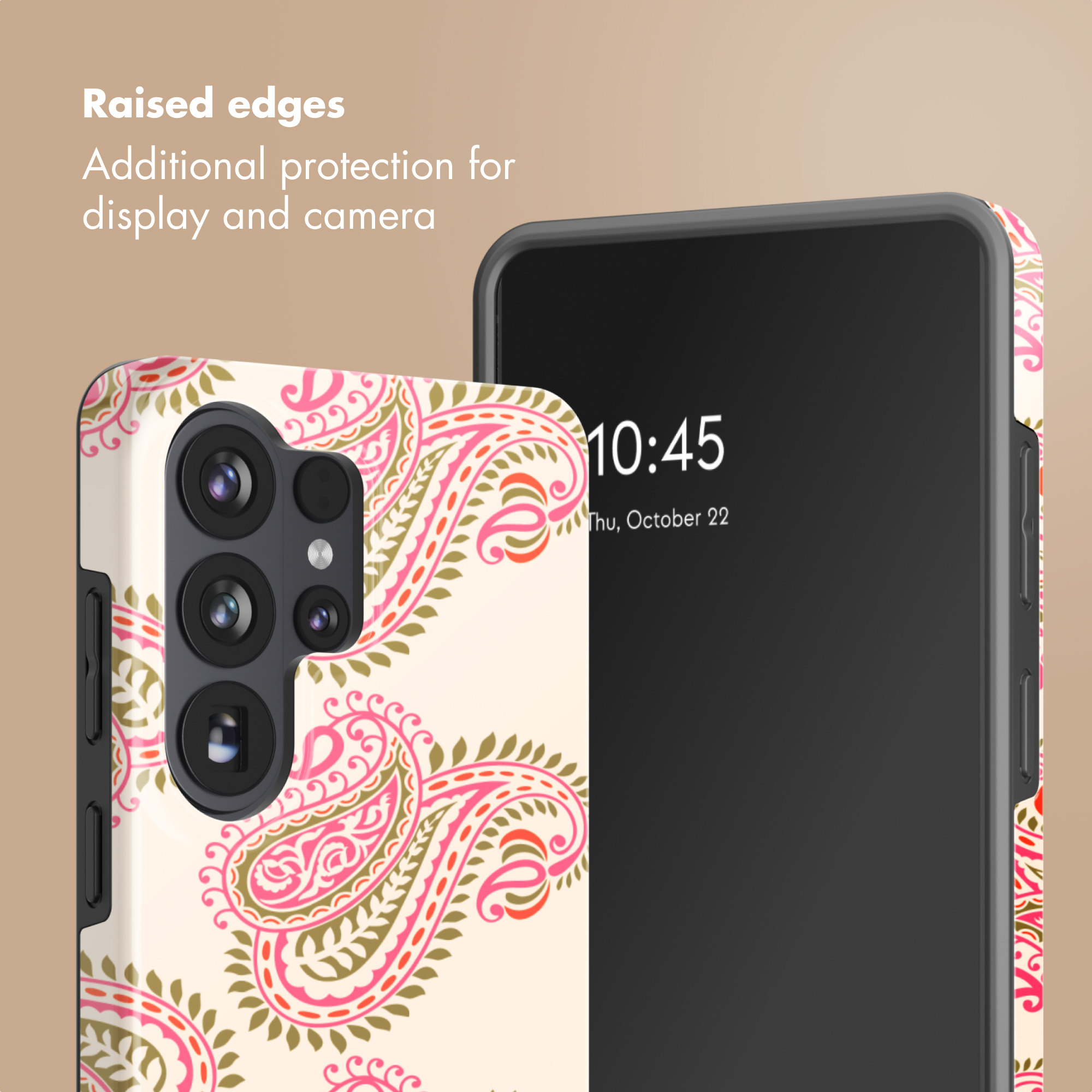 Dos teléfonos muestran bordes elevados para protección y una funda con patrón paisley rosa y verde.