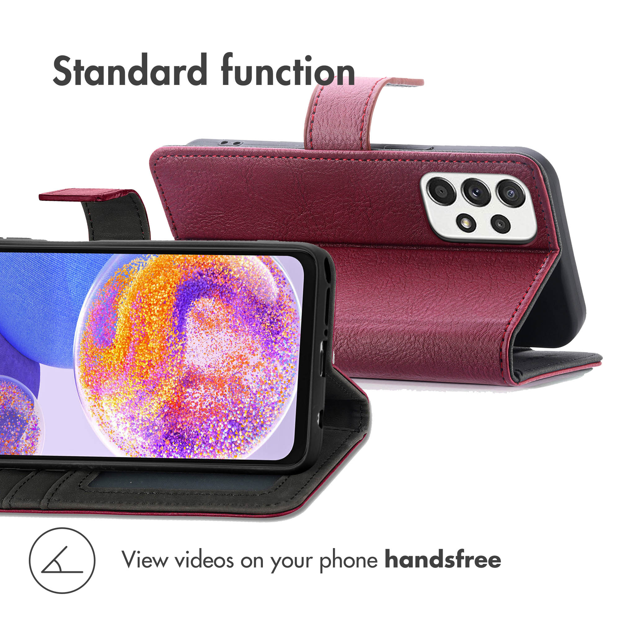 Étui de téléphone en cuir rouge faisant office de support.