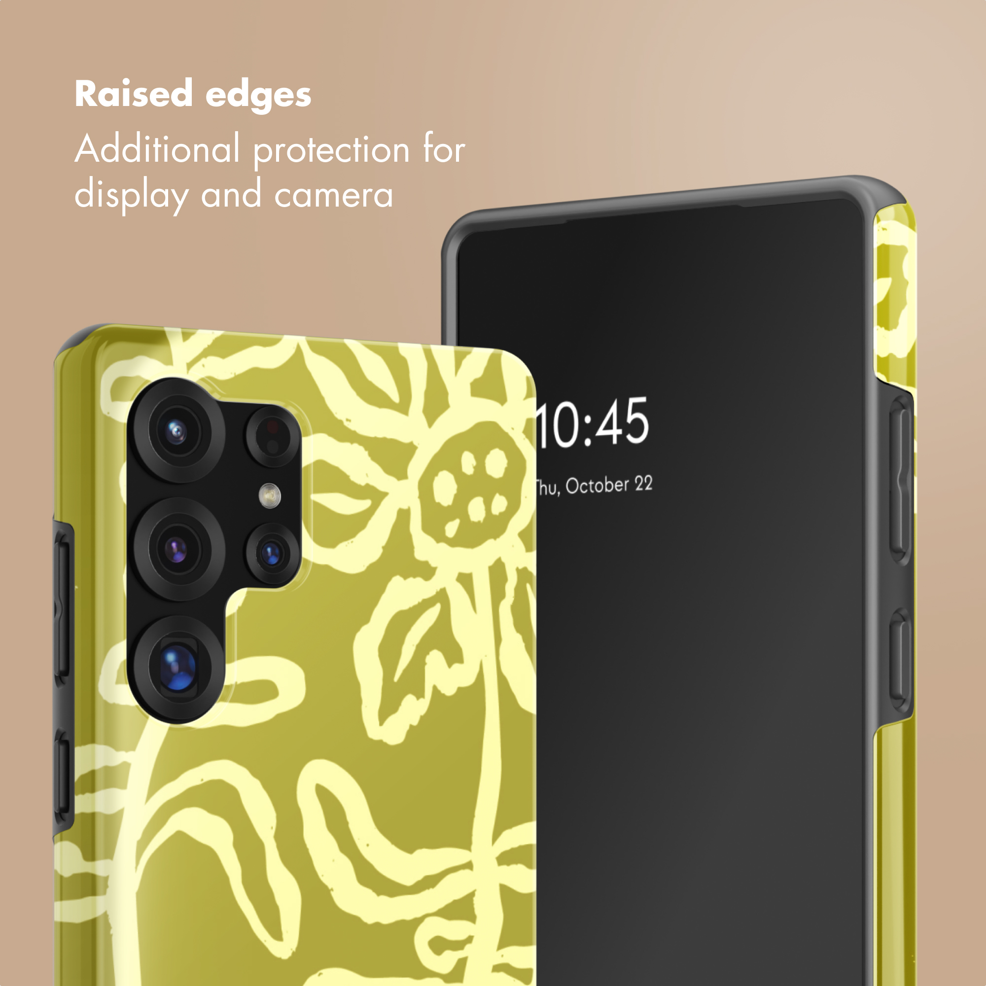 Uno smartphone con cover verde oliva e testo sui bordi rialzati per proteggere schermo e fotocamera.