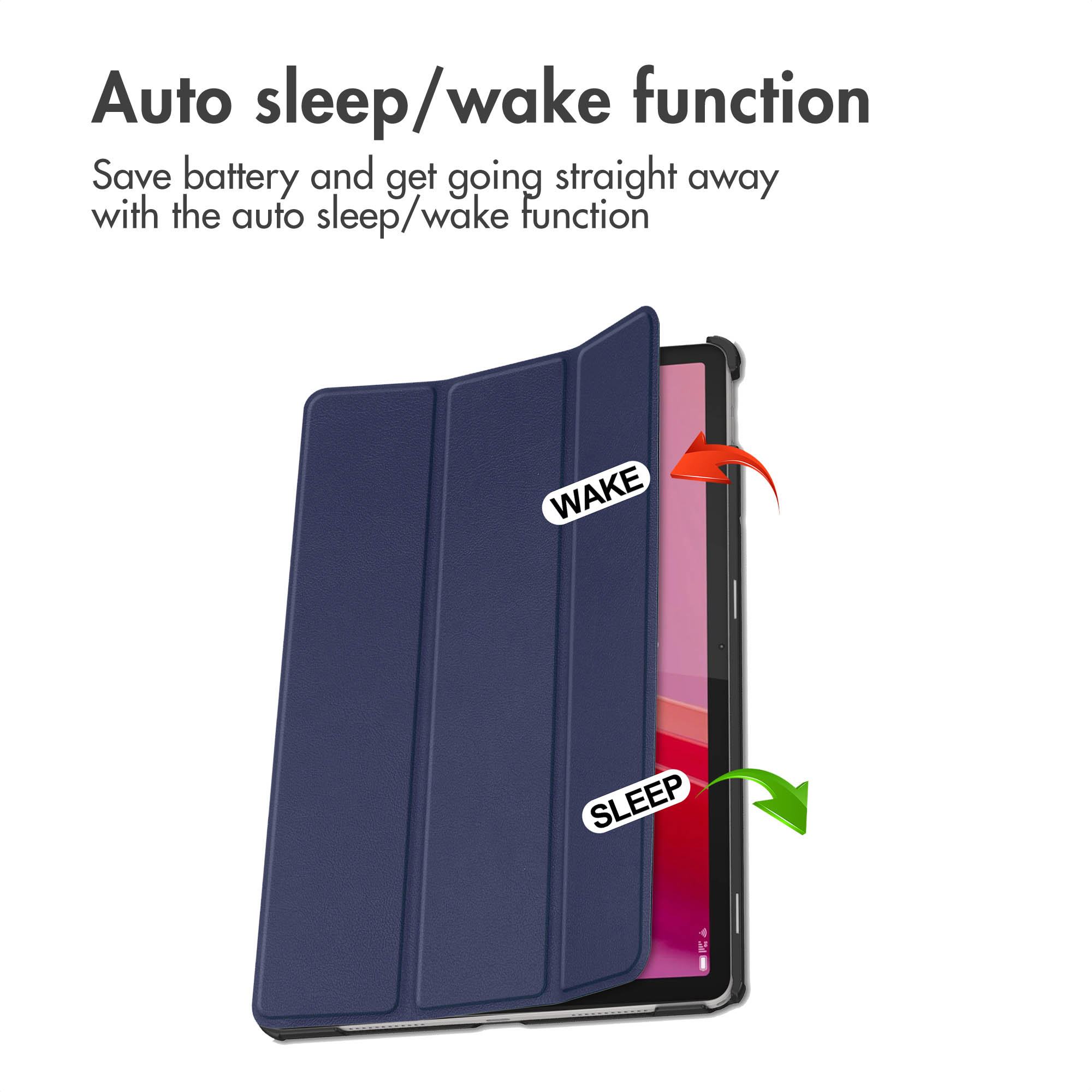 Diagram demonstrating the auto sleep/wake function of a blue tablet case.