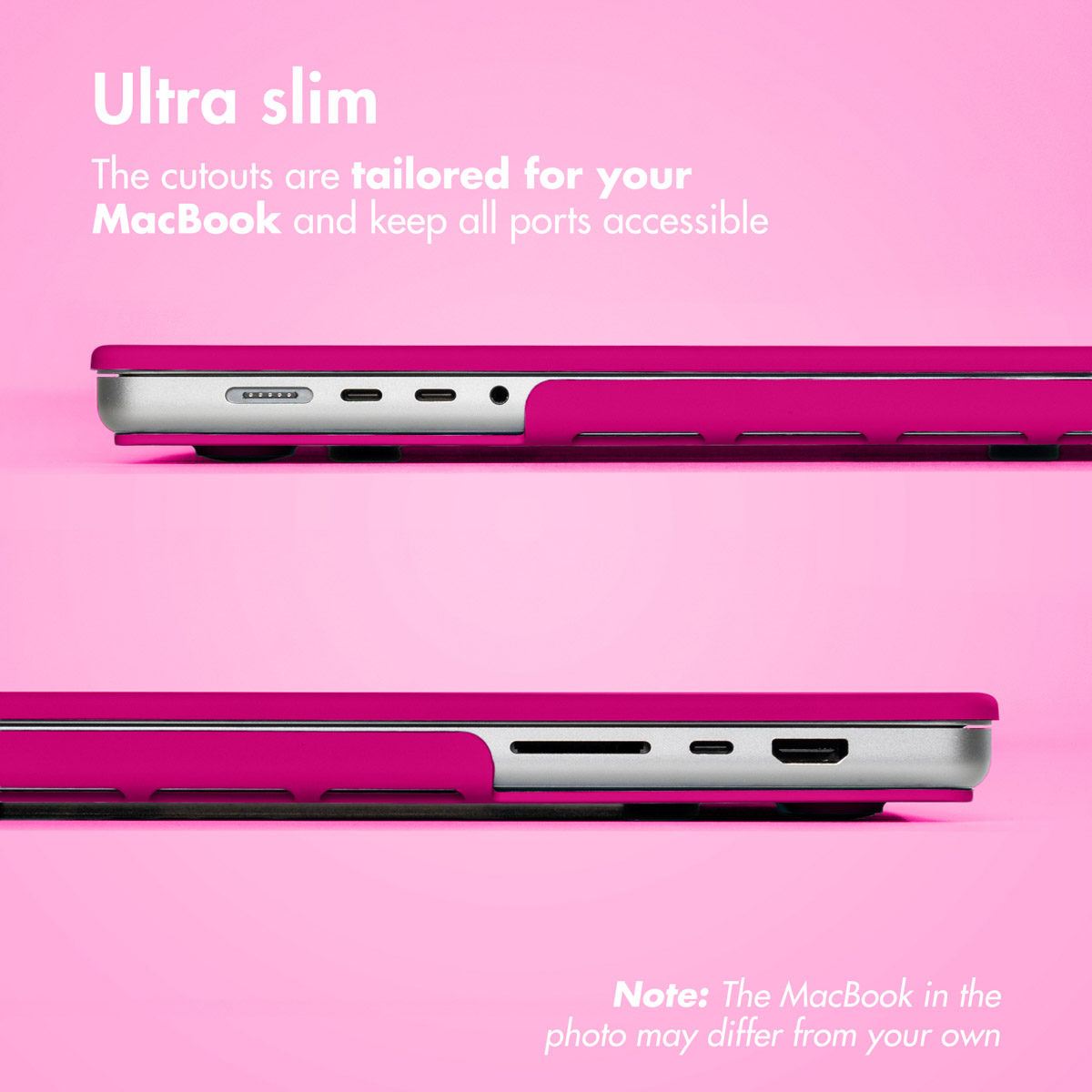 Un MacBook con una funda rosa brillante sobre fondo rosa, mostrando puertos accesibles.
