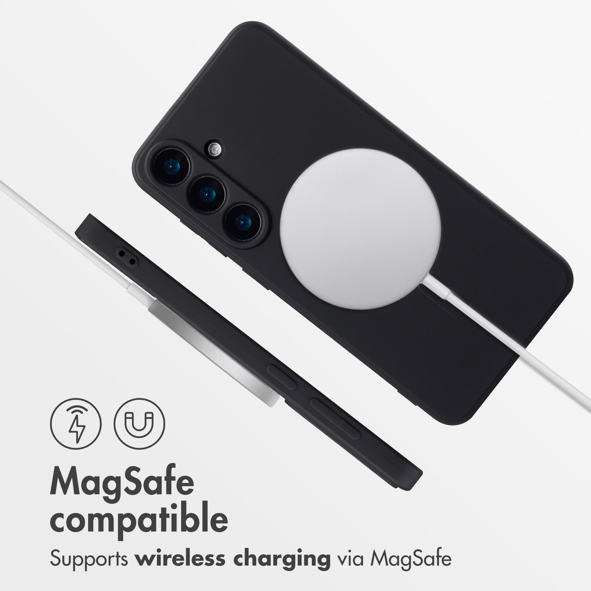 Czarne etui na smartfon z białą ładowarką MagSafe i napisem kompatybilnym z MagSafe.