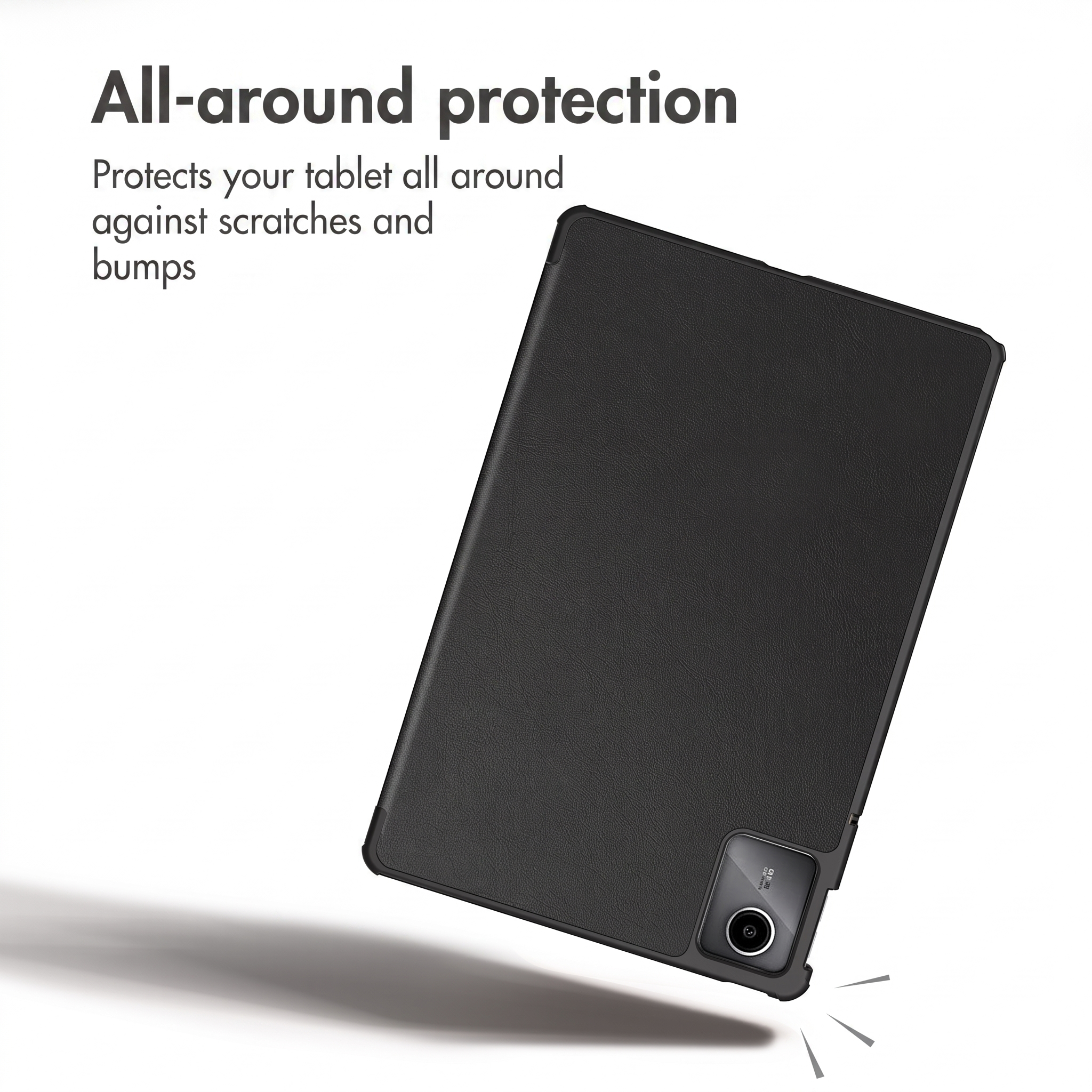 Een zwarte tablet in beschermhoes met tekst over volledige bescherming.