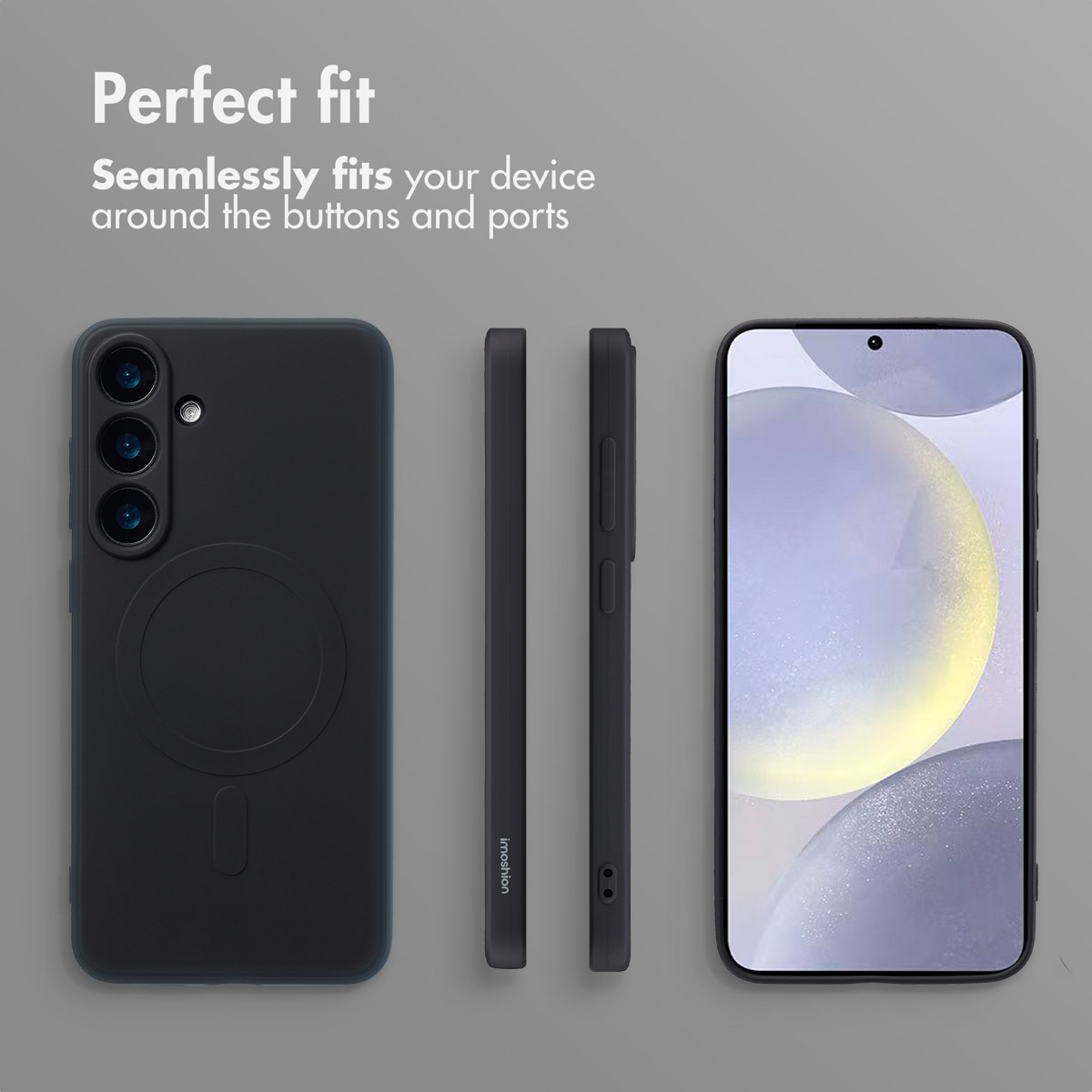 Czarne etui na telefon pod różnymi kątami z tekstem 'Perfect fit' na szarym tle.