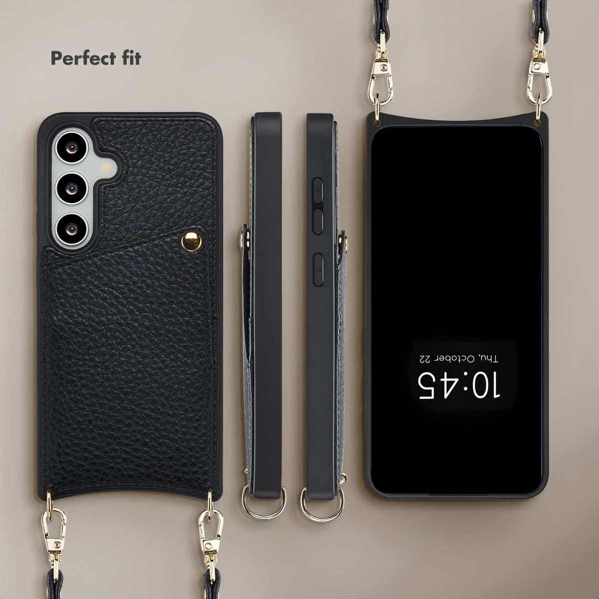 Una custodia per smartphone in pelle nera con tracolla, mostrata da dietro, di lato e davanti con orologio.