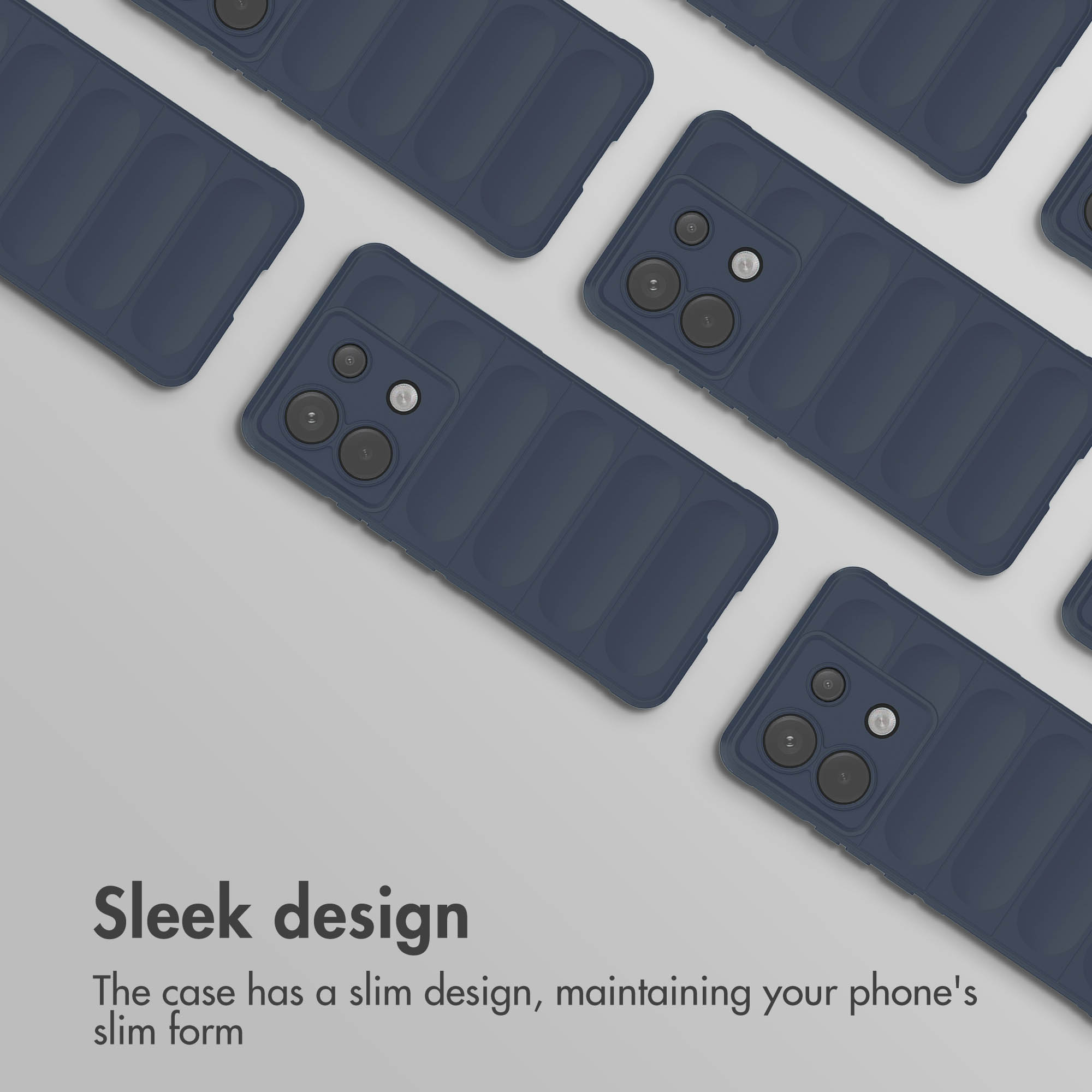 Un patrón de fundas de móvil acolchadas en azul oscuro sobre fondo gris claro con texto.