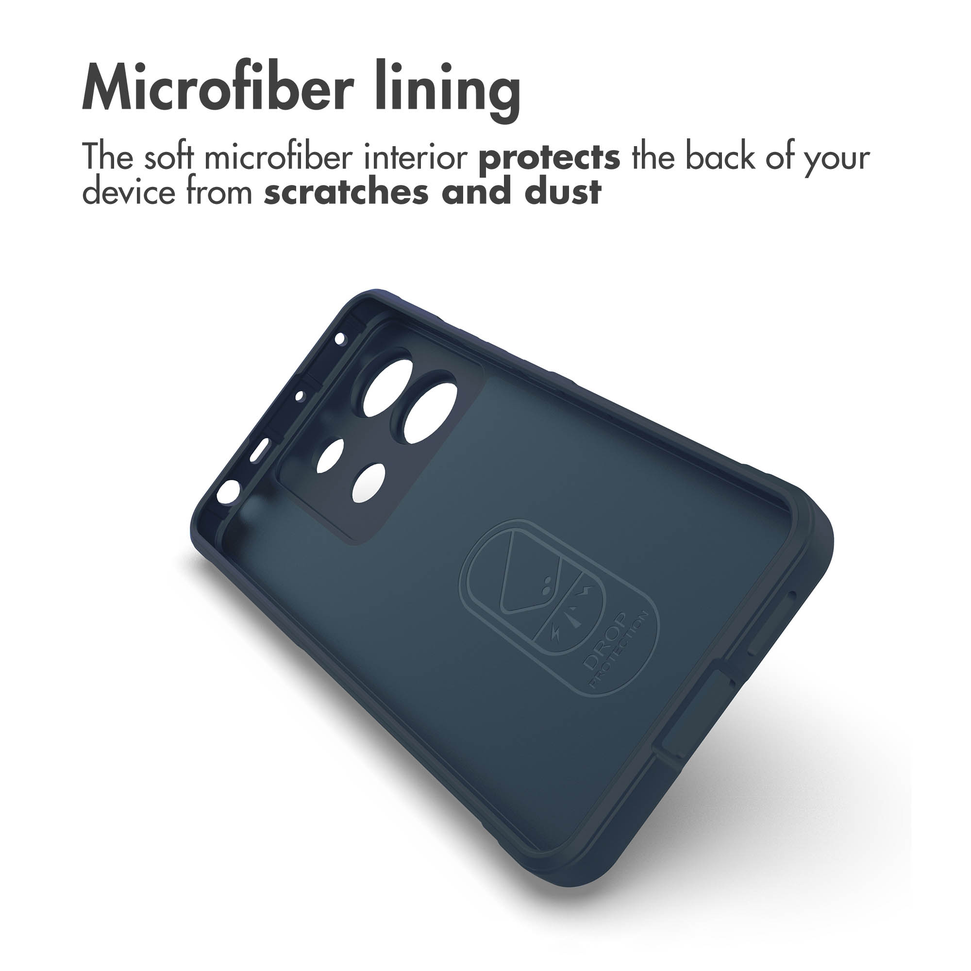 Funda de móvil azul con forro de microfibra y texto "Drop Protection" sobre fondo blanco.