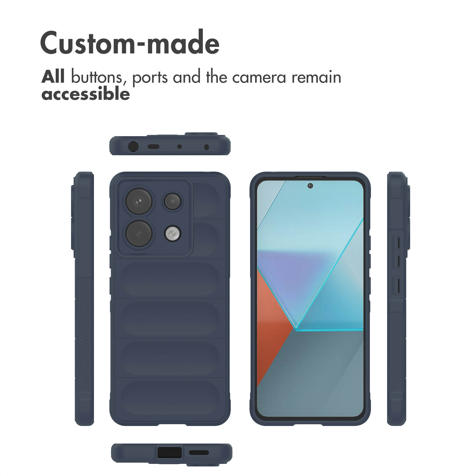 Funda azul para smartphone mostrada desde varios ángulos con texto que destaca la accesibilidad.