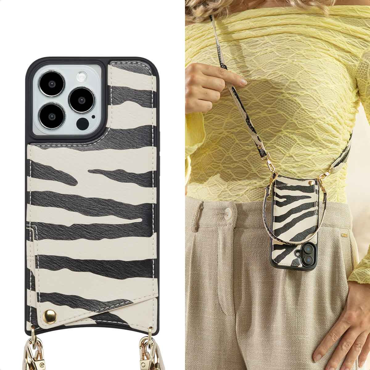 Funda de teléfono con estampado de cebra y correa para el hombro, mostrada en detalle y usada por una persona.