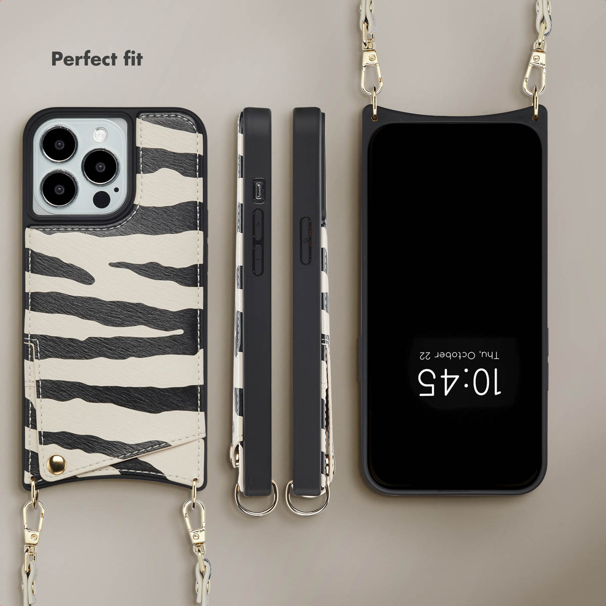Funda de móvil con estampado de cebra y correa, vista de frente, dorso y lados.