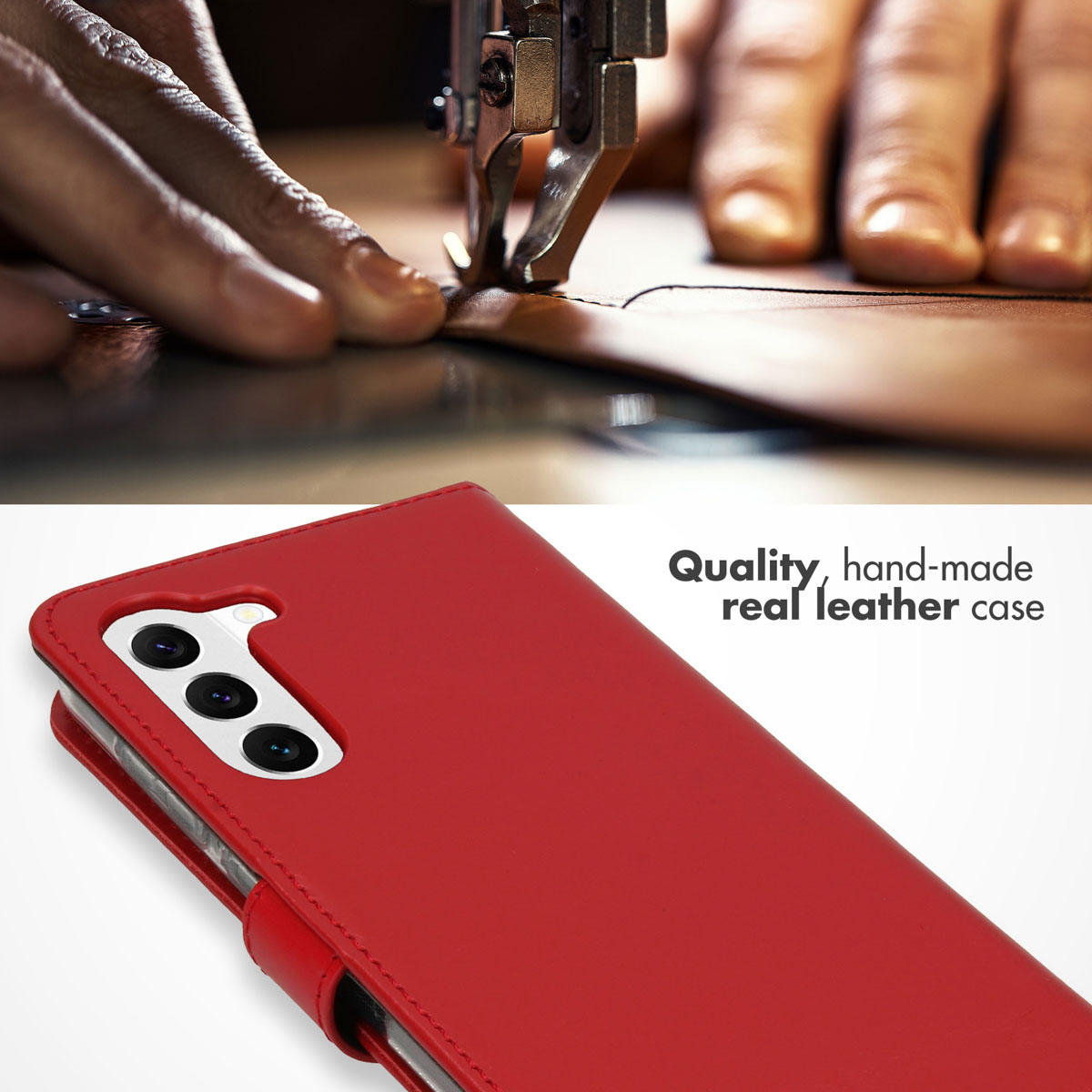 Étui en cuir rouge fait main pour smartphone avec des coutures visibles.