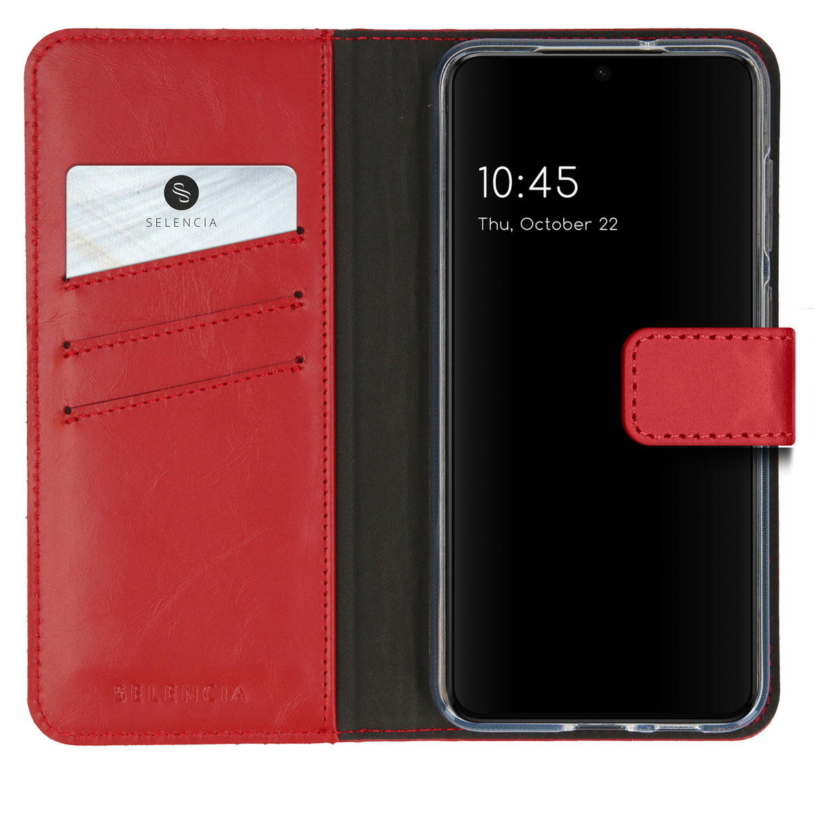 Un étui portefeuille en cuir rouge avec un porte-carte et un smartphone à droite.
