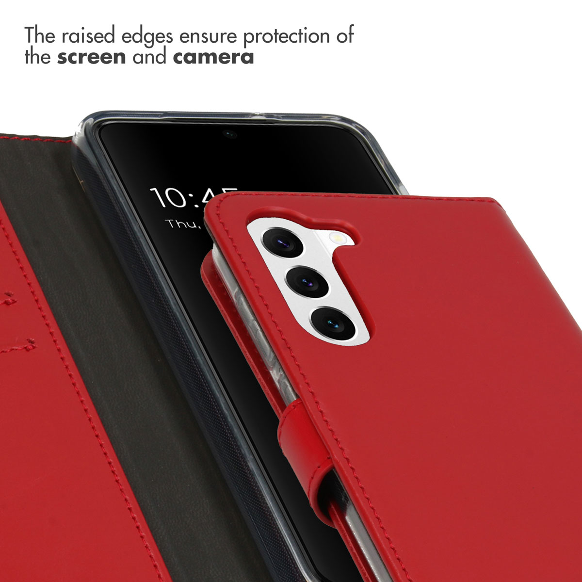 Les bords surélevés protègent l'écran et la caméra d'un smartphone dans un étui rouge.