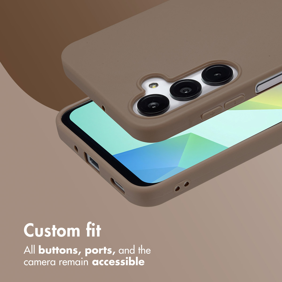 Un teléfono en funda marrón mate con recortes precisos para cámara, botones y puertos.