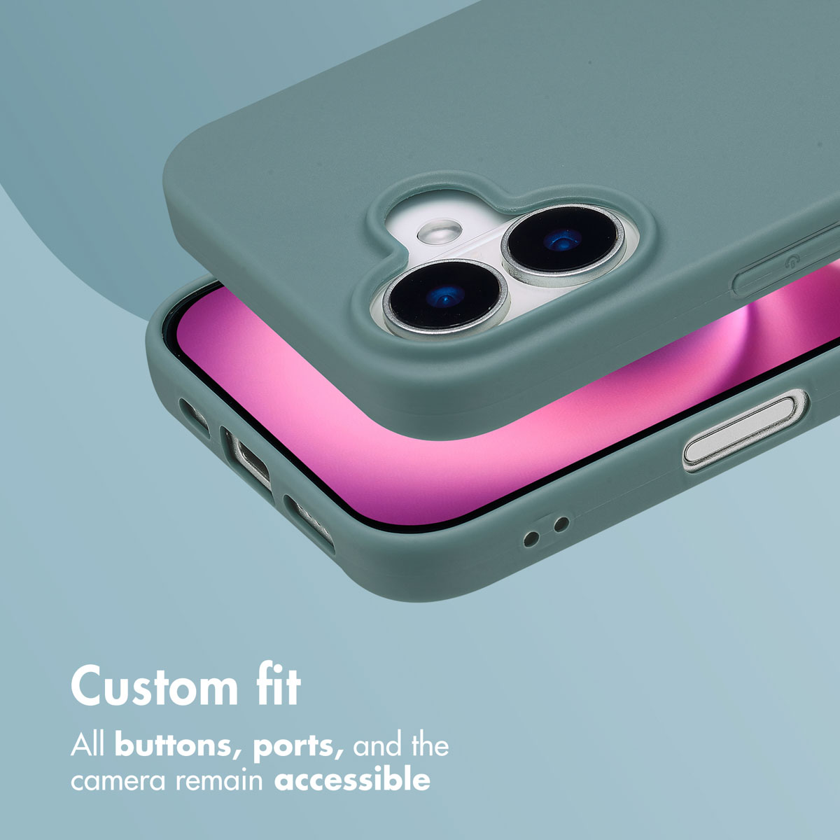 Uno smartphone in custodia di silicone verde, con doppia fotocamera e schermo rosa su sfondo azzurro.