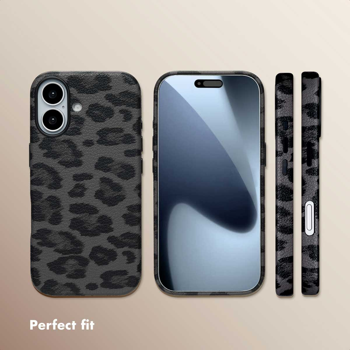 Smartphone mit grauem, schwarzem Leopardenmuster-Case, von vorne und hinten gezeigt.