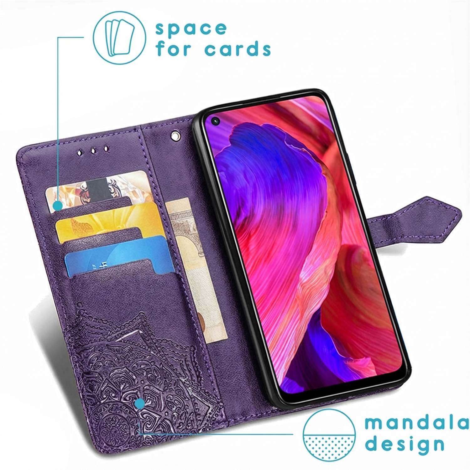 Custodia per telefono in pelle viola con tasche per carte, design mandala e smartphone con schermo colorato.