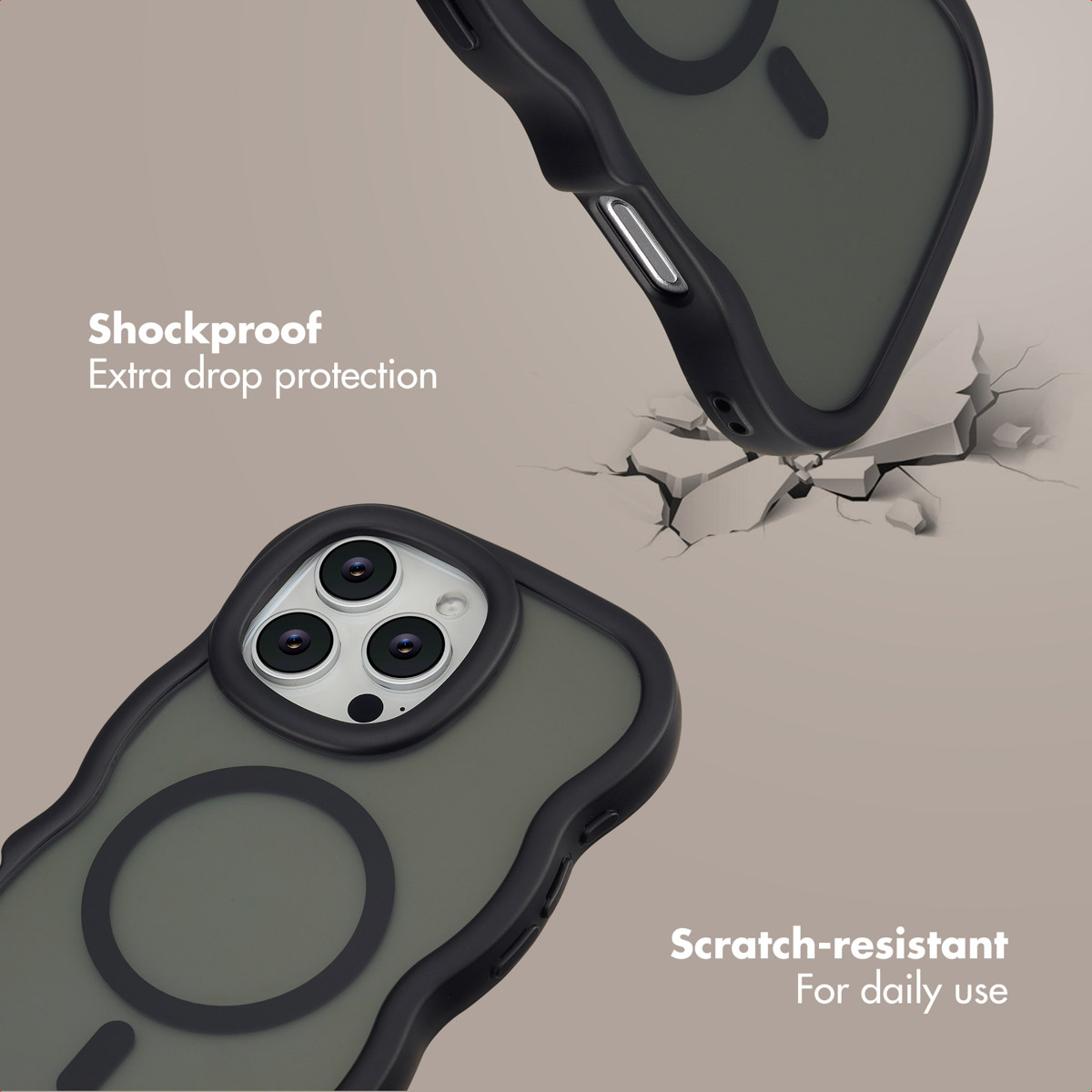 Coque de téléphone noire ondulée avec cercle MagSafe et triple appareil photo.