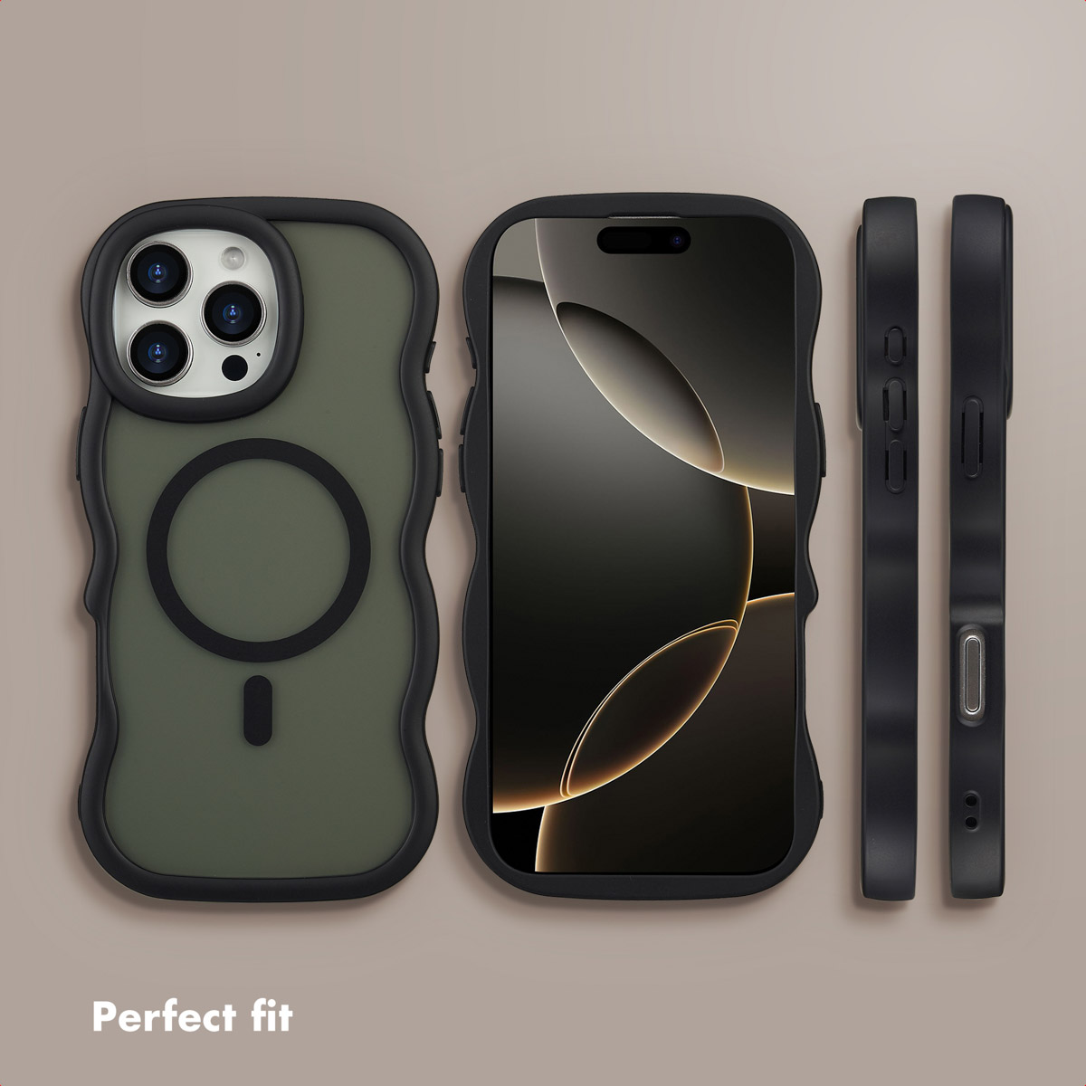 Smartphone vert dans une coque de protection noire sous différents angles.