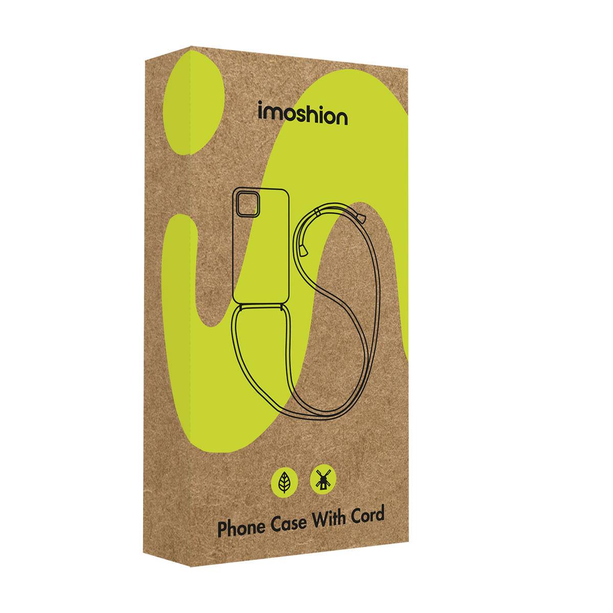Boîte en carton marron pour coque de téléphone avec cordon, avec motifs verts et la marque imoshion.