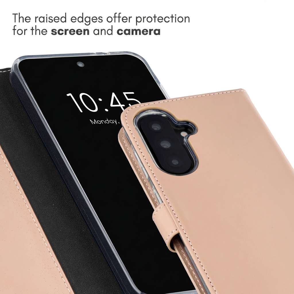 Gros plan d'un smartphone dans un étui portefeuille en cuir rose, montrant des bords surélevés pour protéger l'écran et l'appareil photo.